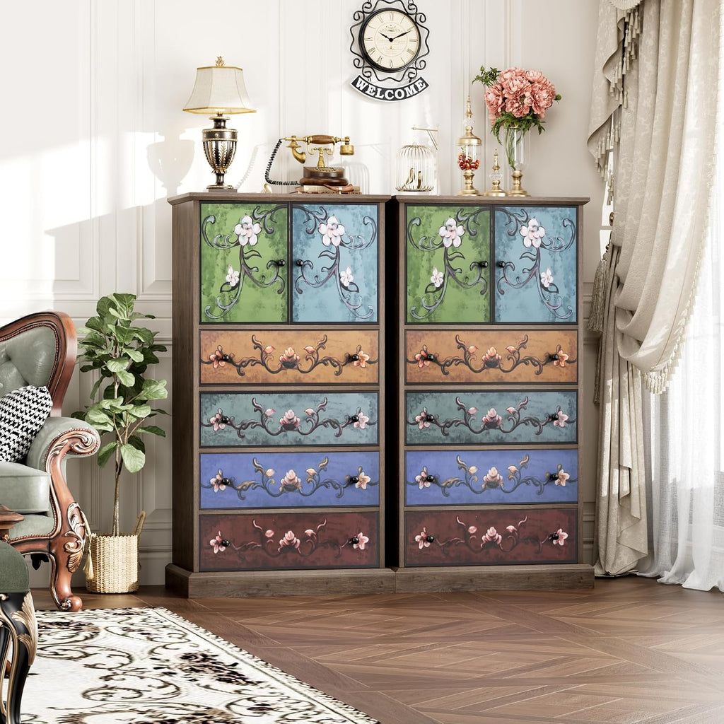 FINETONES 50’’ Tall Dresser, Boho Dresser Vintage Dressers with 4 Drawers and 2 Doors, Wood Chests of Drawers for Home, 16.1D x 23.6W x 50H Inch
