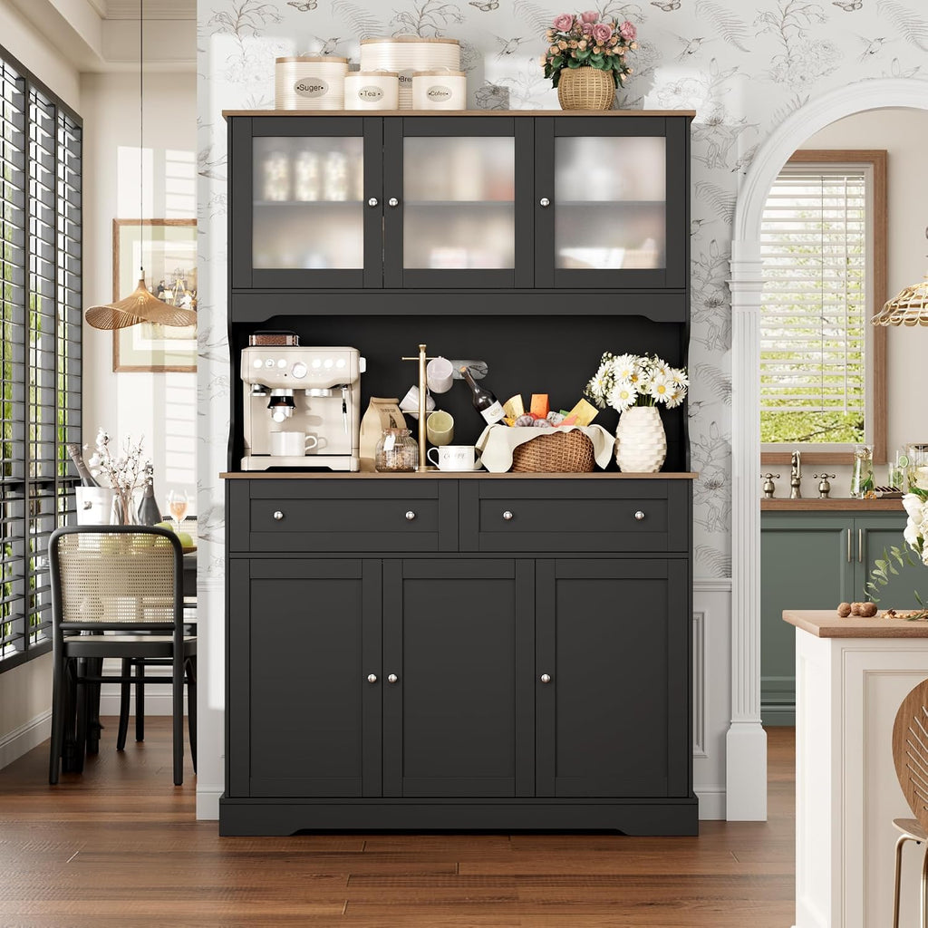 FACBOTALL 71.9" Kitchen Pantry Cabinet, Tall Storage Cabinet, Kitchen Hutch with Countertop and Outlets, Farmhouse Tall Pantry Storage with Doors and Shelves, Black