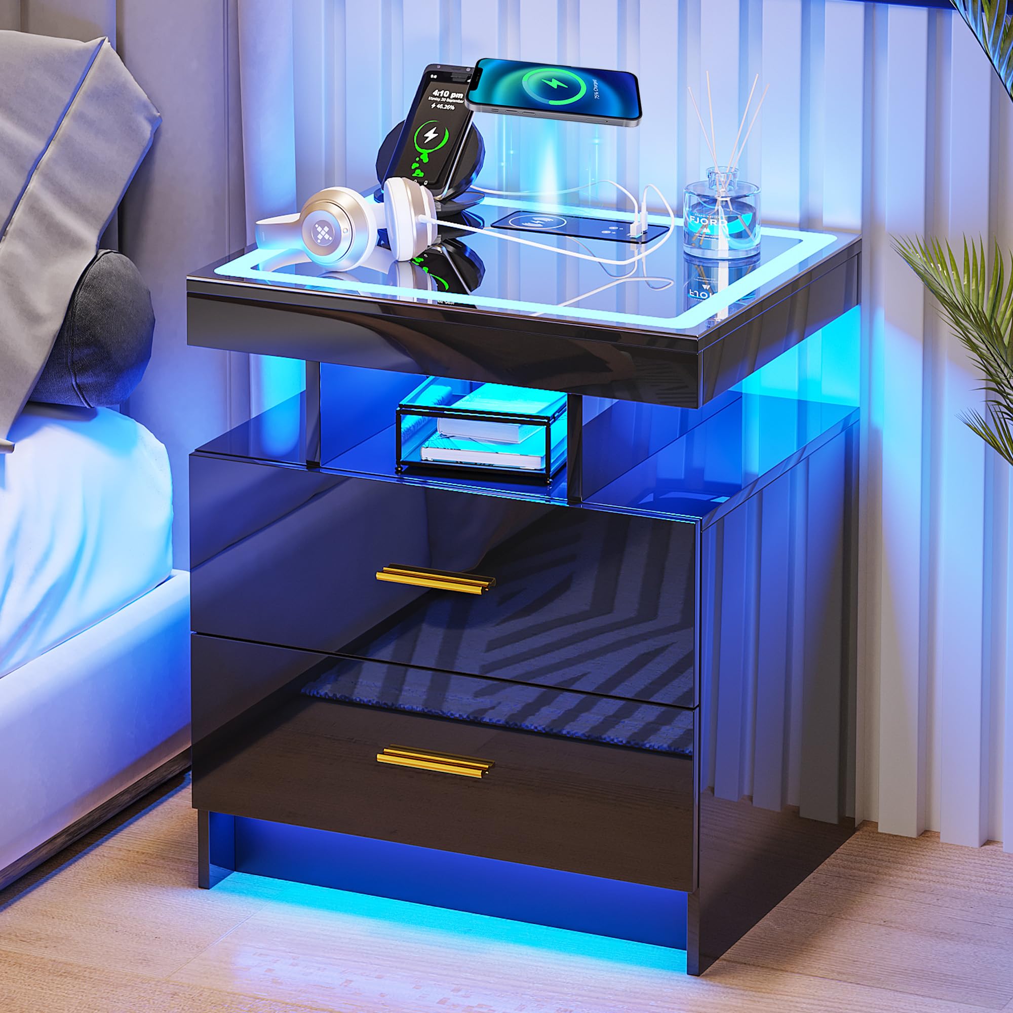 HNEBC LED Nightstand with Charging Station,Smart Bedside Table with Motion Sensor Lights,3 Drawers,Tempered Glass Top,High Gloss End Table with 3 Color Lights for Bedroom, Living Room,Office-Black