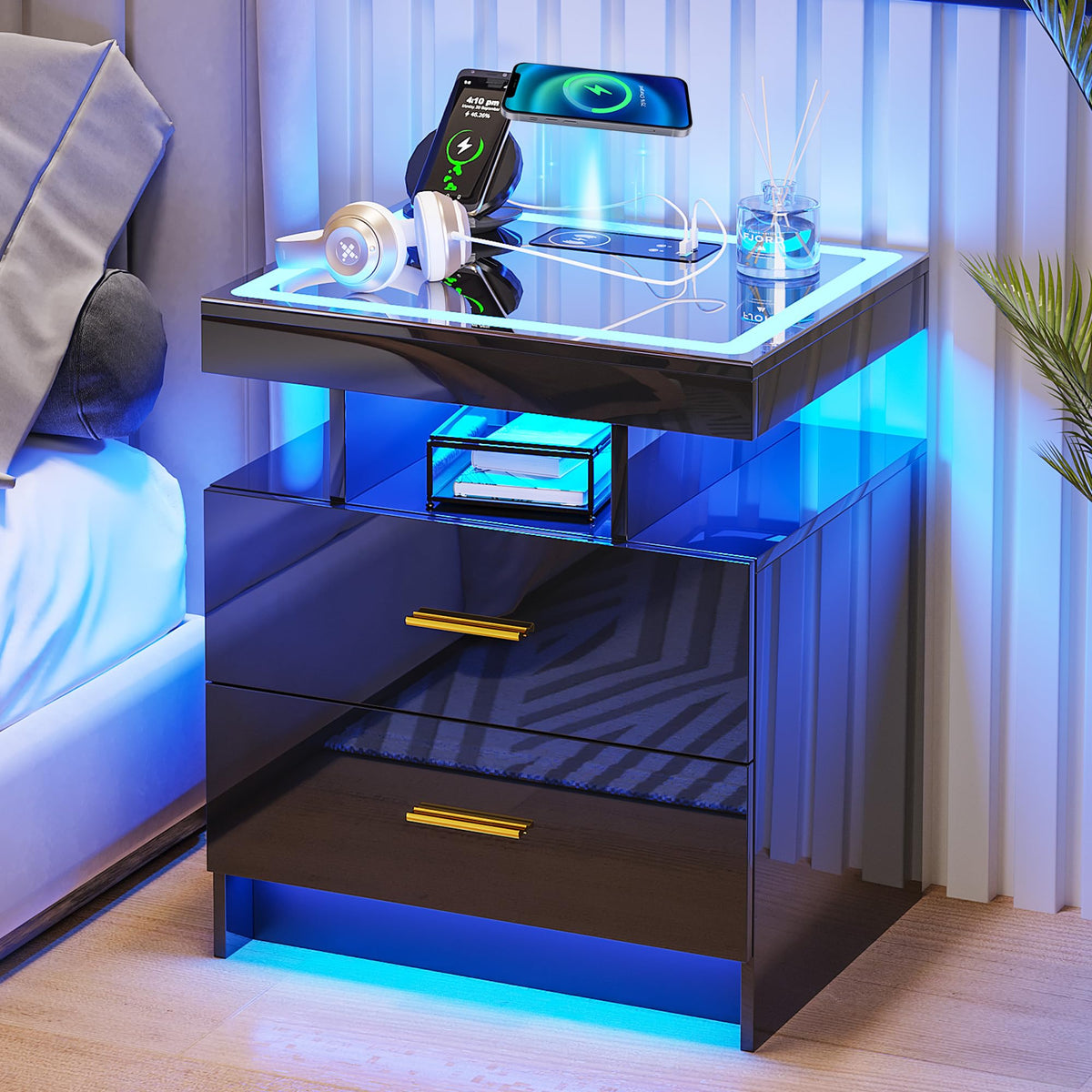 HNEBC LED Nightstand with Charging Station,Smart Bedside Table with Motion Sensor Lights,3 Drawers,Tempered Glass Top,High Gloss End Table with 3 Color Lights for Bedroom, Living Room,Office-Black