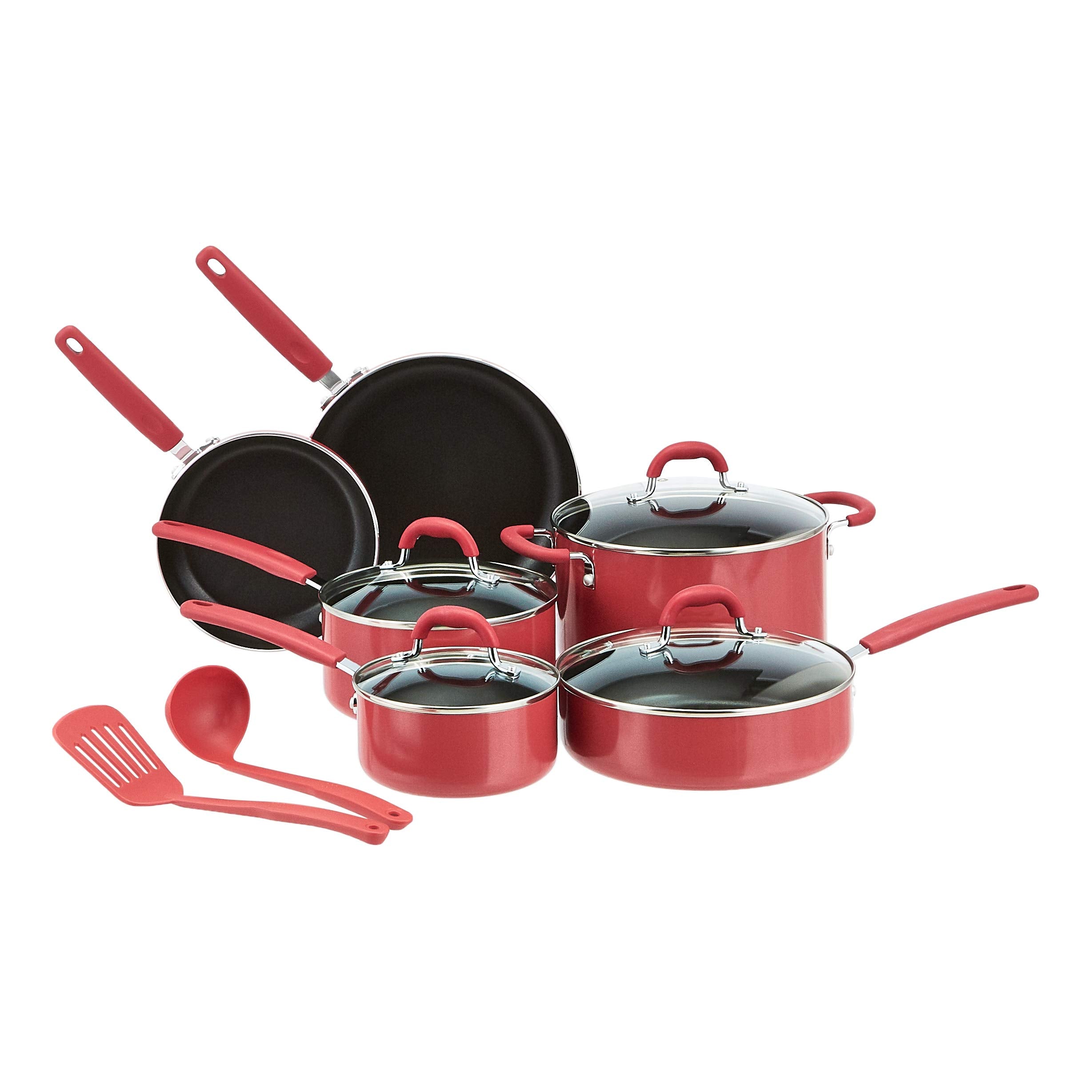 Amazon Basics Non-Stick Cookware Set, Pots and Pans with Lids, Hard Anodized Aluminum, Dishwasher Safe, Oven Safe, Black, 12-Piece