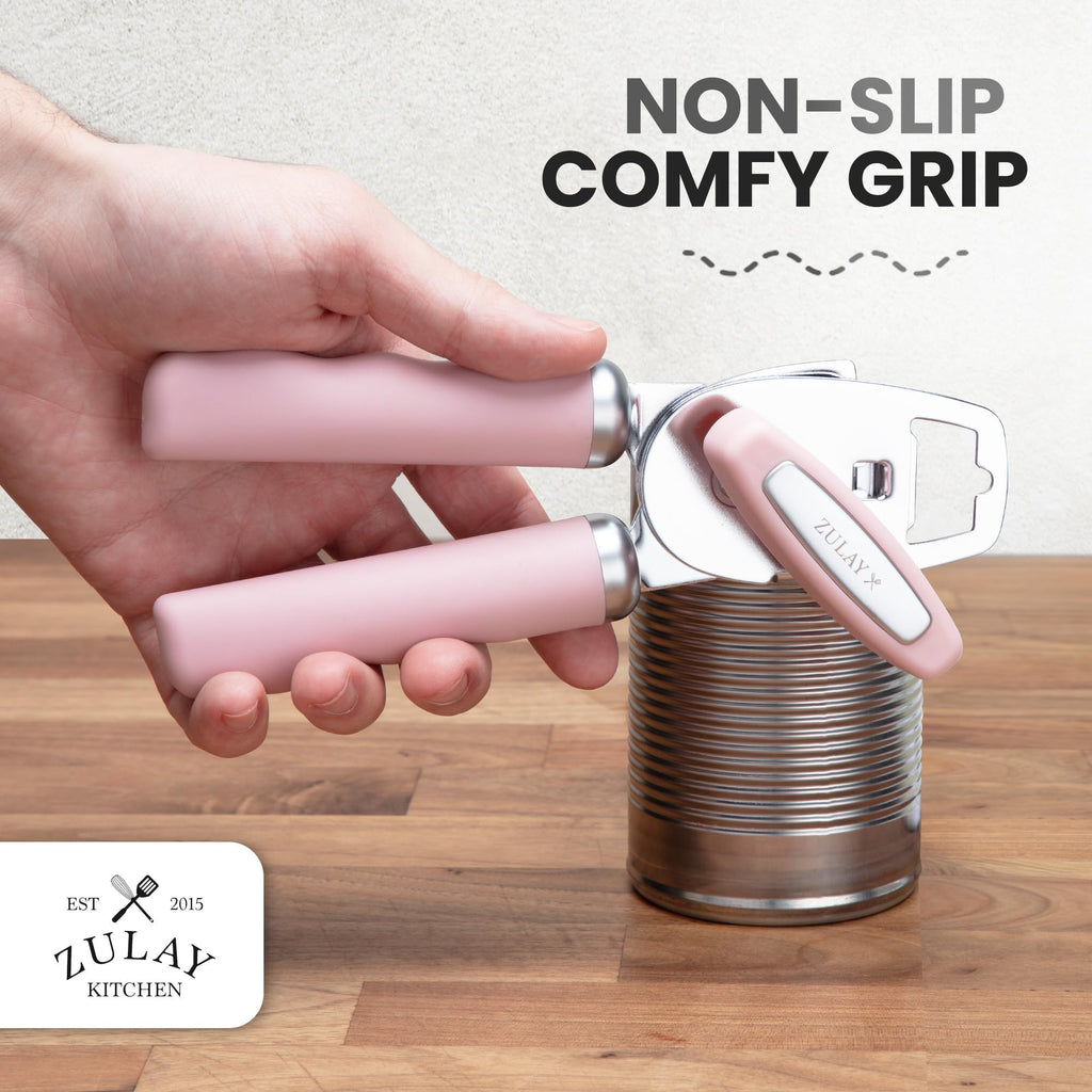 Zulay Kitchen Heavy Duty Stainless Steel Can Opener Manual with Bottle Opener - Rust Proof Manual Can Opener With Turn Knob & Comfy Soft Grip Handles - Airy Lilac