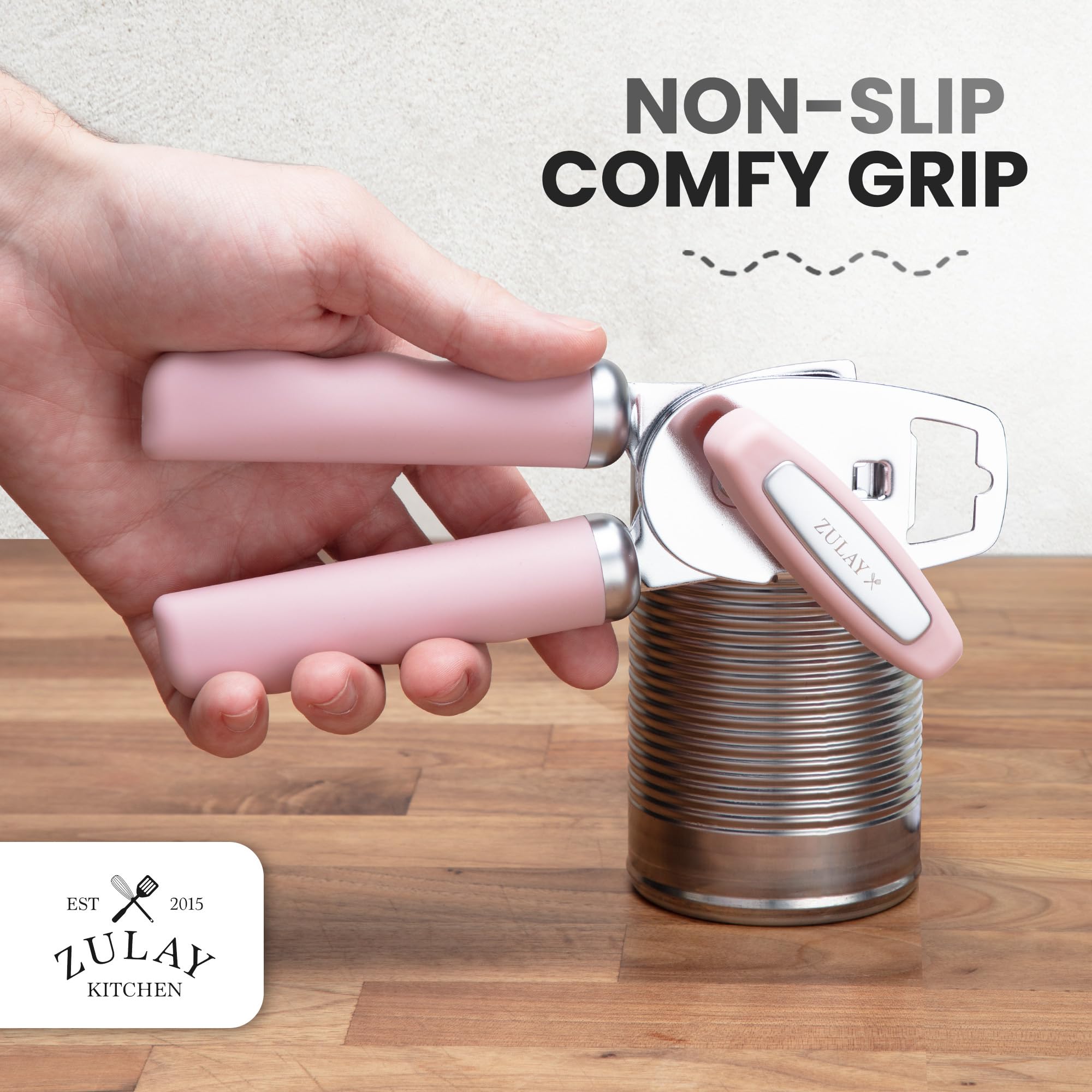 Zulay Kitchen Heavy Duty Stainless Steel Can Opener Manual with Bottle Opener - Rust Proof Manual Can Opener With Turn Knob & Comfy Soft Grip Handles - Airy Lilac