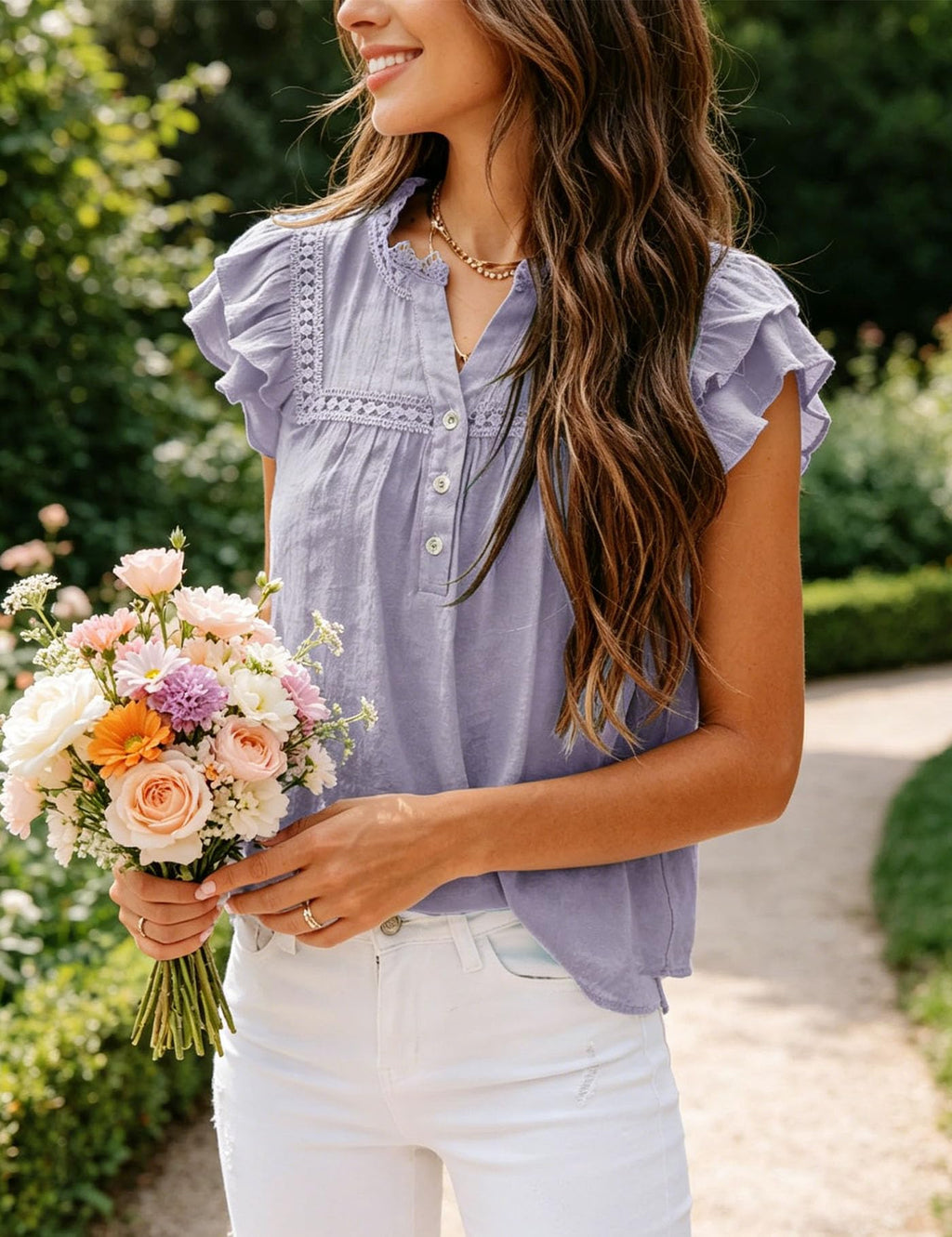 Women's V Neck Lace Crochet Shirts Button Down Short Sleeve Casual Blouse Tops