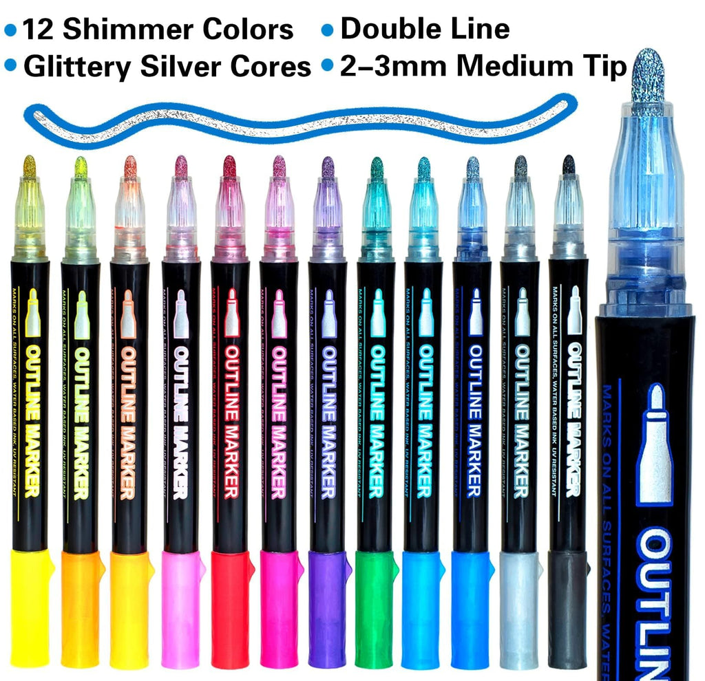 Glitter Markers Self Outline Pens Metallic: 12 Shimmer Tween Teen Girl Gifts Trendy Stuff,Drawing Art Supplies Kids 6-8 9-12 10-12,Arts Crafts Kids Ages 8-12 Year Old,Cute Cool Fun Crafts Girls 8-12