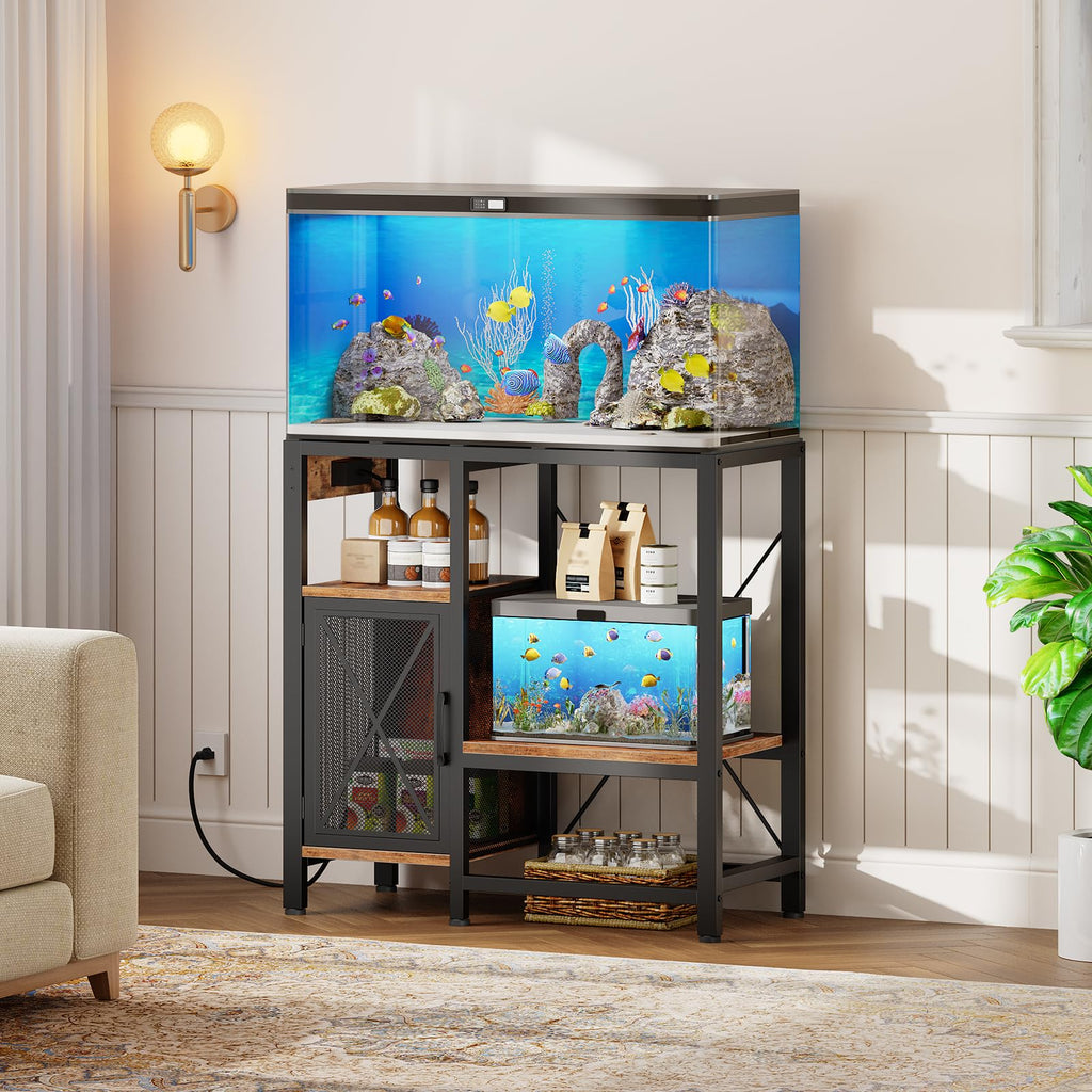 MAHANCRIS 20-37 Gallon Fish Tank Stand, Aquarium Stand with Power Outlet and Storage Cabinet, Heavy Duty Tank Stand Suitable for Turtle Tank, Reptile Terrarium, for Home Office, Black FTHB40E01