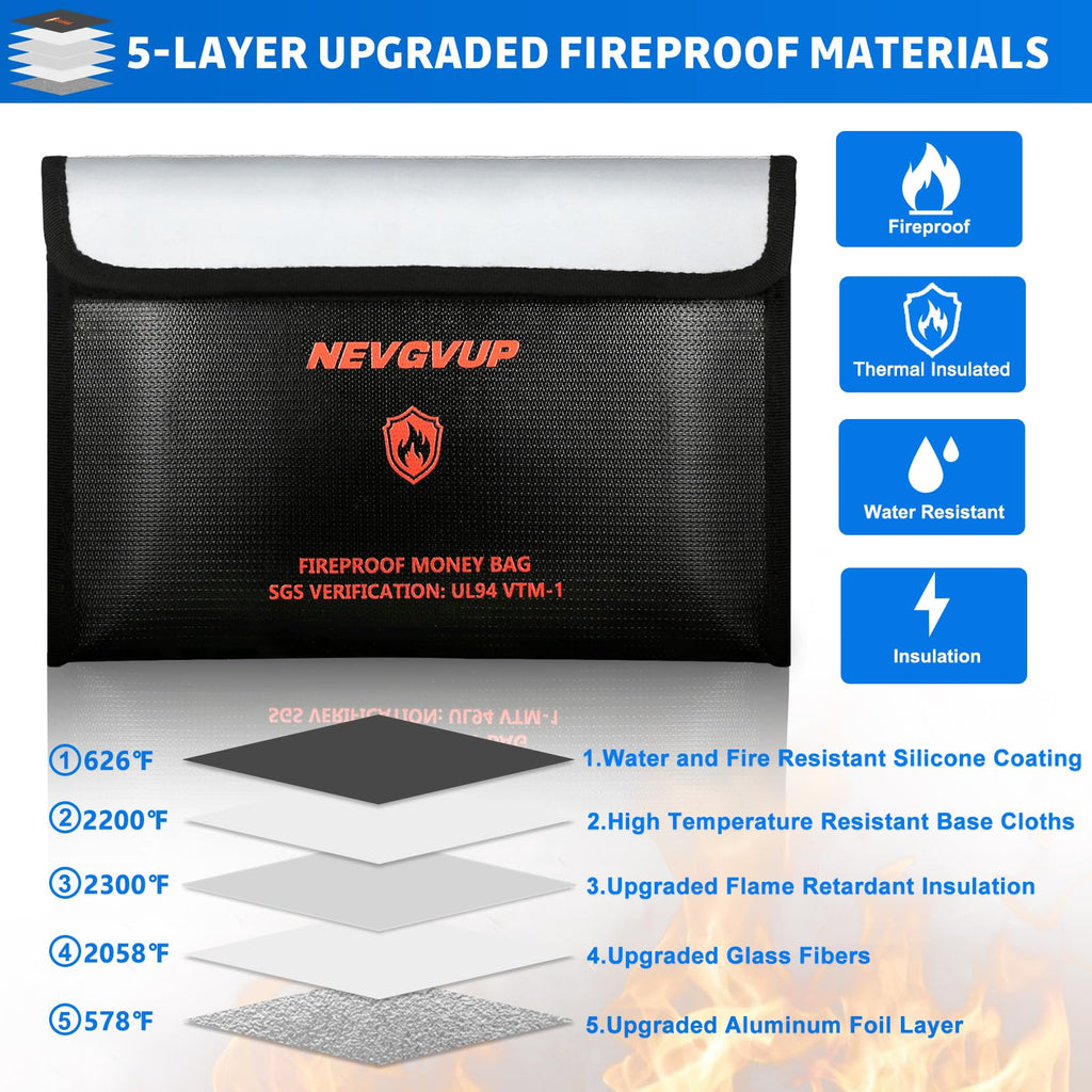 Fireproof Money Bag 4200°F - Heat Insulated, 9.8 x 6.5" Small Fireproof Document Bags with Waterproof Zipper, Fire proof Bag with Reflective Strip and Fireproofs Edeging, Fire Pouch Set for Valuables