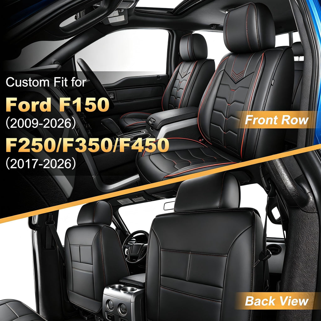 AOMSAZTO Seat Covers Fit for Ford F150 : 2009-2024 2025 2026 - F250/F350/F450 2017-2024 2025 2026 Truck Pick-up Front Car Seat Covers Faux Leather(Blackline, 2PCS Front)