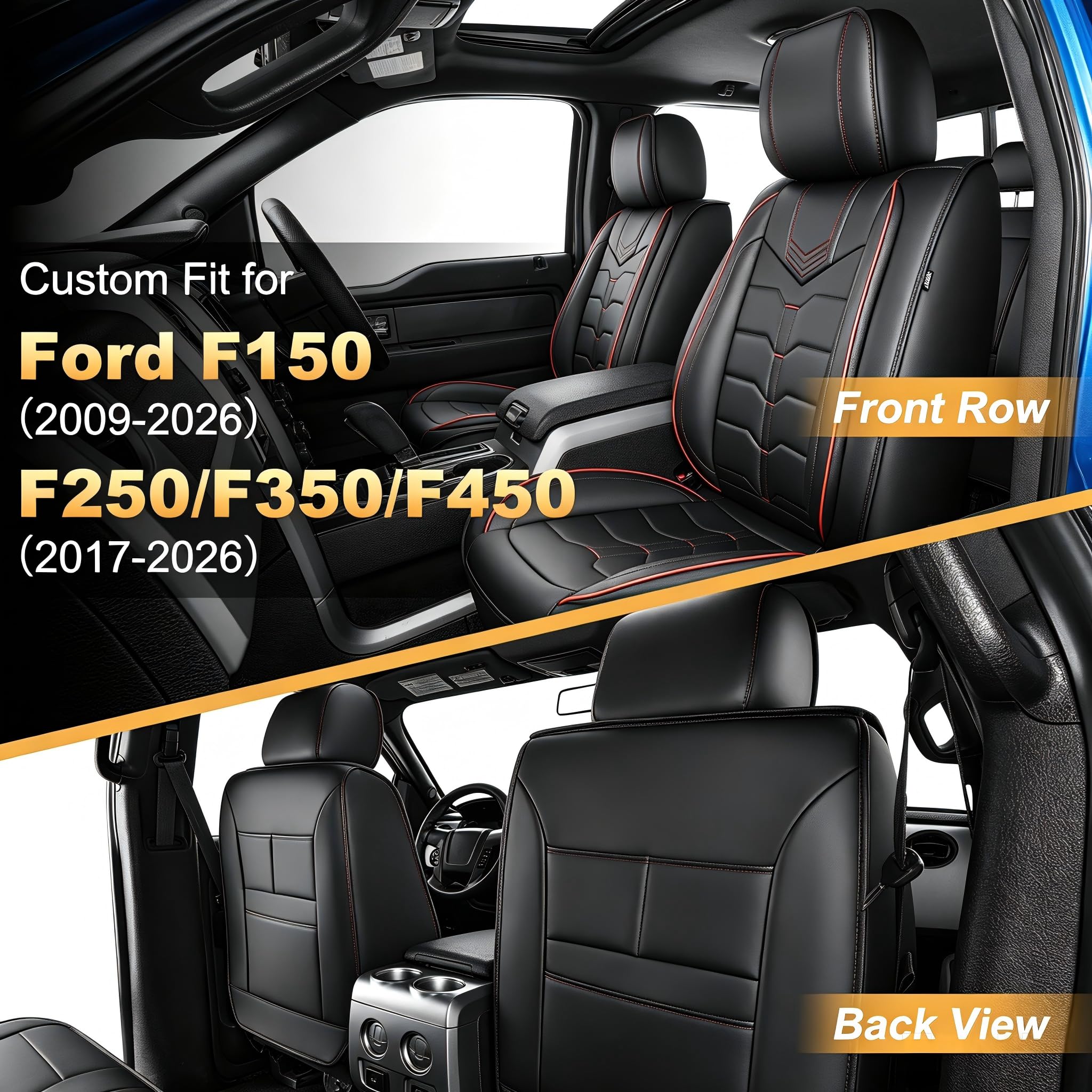 AOMSAZTO Seat Covers Fit for Ford F150 : 2009-2024 2025 2026 - F250/F350/F450 2017-2024 2025 2026 Truck Pick-up Front Car Seat Covers Faux Leather(Blackline, 2PCS Front)