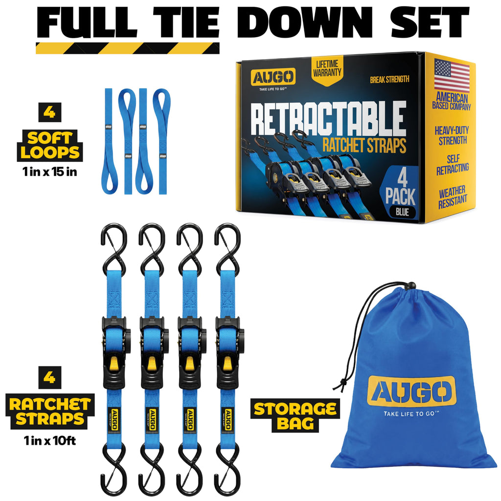 AUGO Retractable Ratchet Straps | 2 Heavy Duty Ratchet Straps Self Retractable Tie Downs with Soft Loops & Storage Bag for Motorcycle, Truck, Trailer, Cargo Van | 1200 Lb Break Strength 1” x 10’