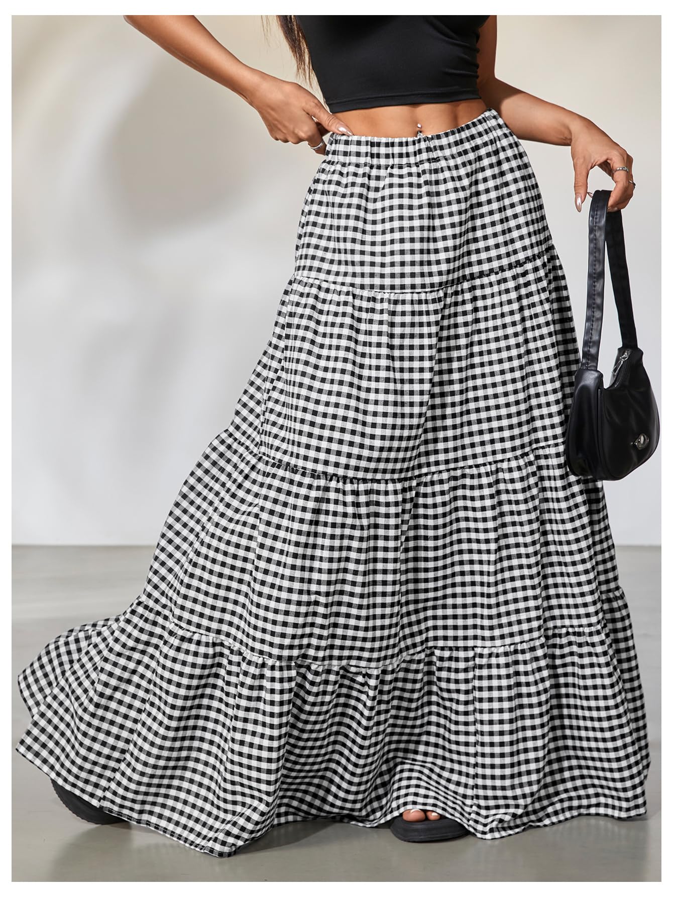 MakeMeChic Women's Plaid Maxi Skirts A Line Ruffle Tiered Layer Y2K Flowy Casual Long Skirts