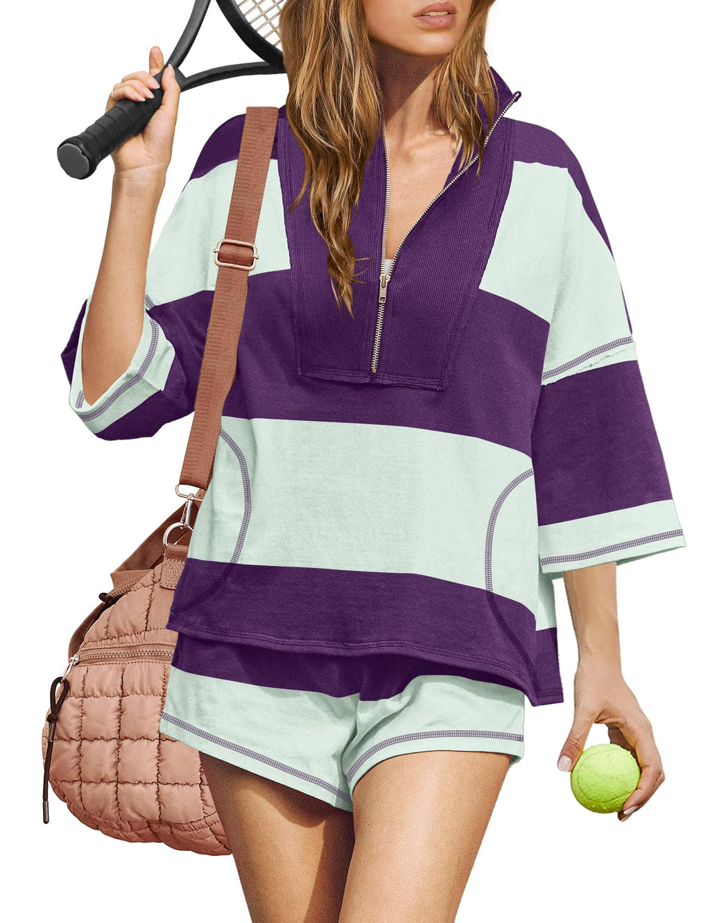 ReachMe Womens Workout Striped Short Sets 2 Piece Outfits Summer Matching Lounge Sets Top and Shorts with Pockets