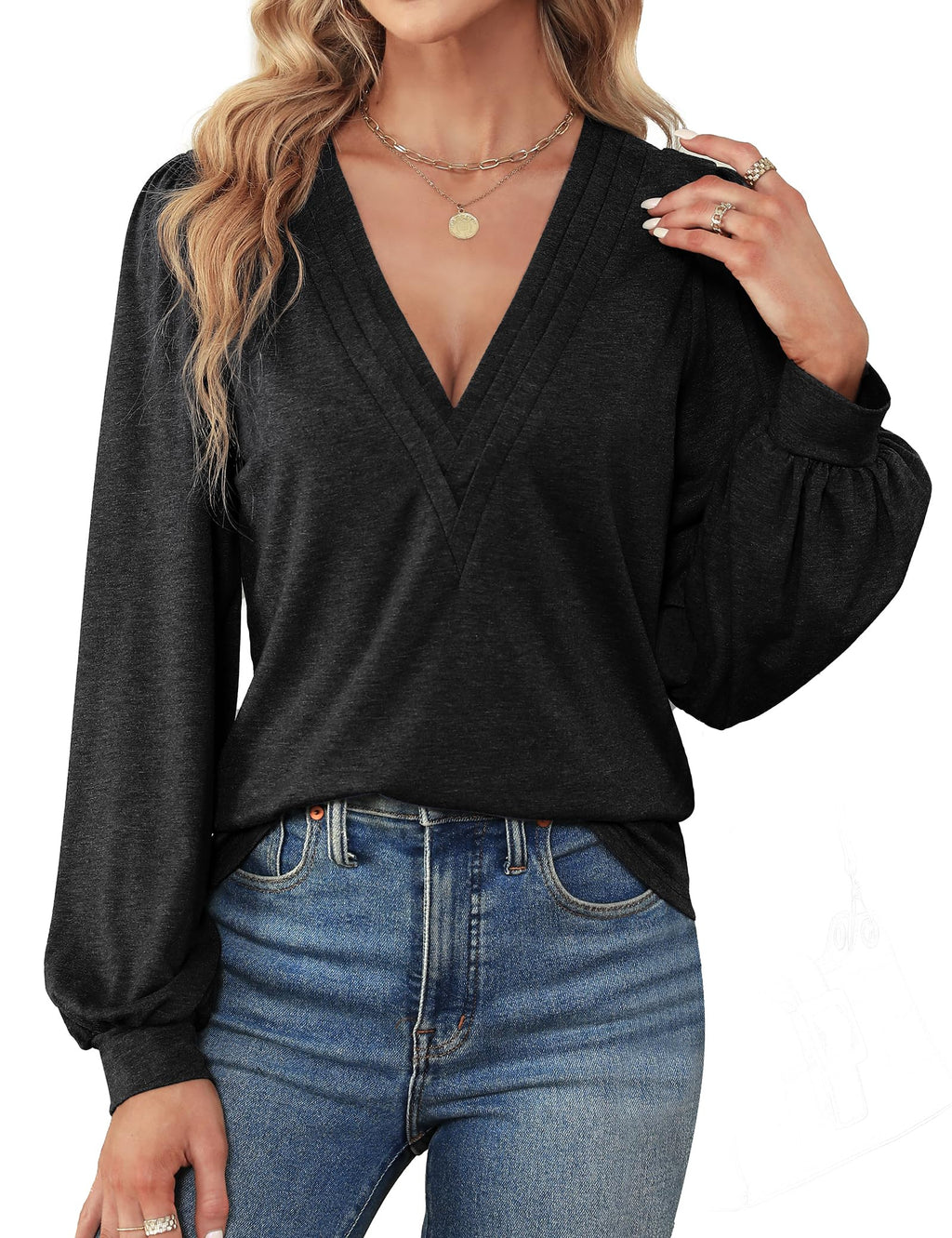Agnes Urban Womens V Neck Long Sleeve Tops Dressy Casual Fall Shirts Puff Sleeve Loose Tunic Trendy Tops Blouses