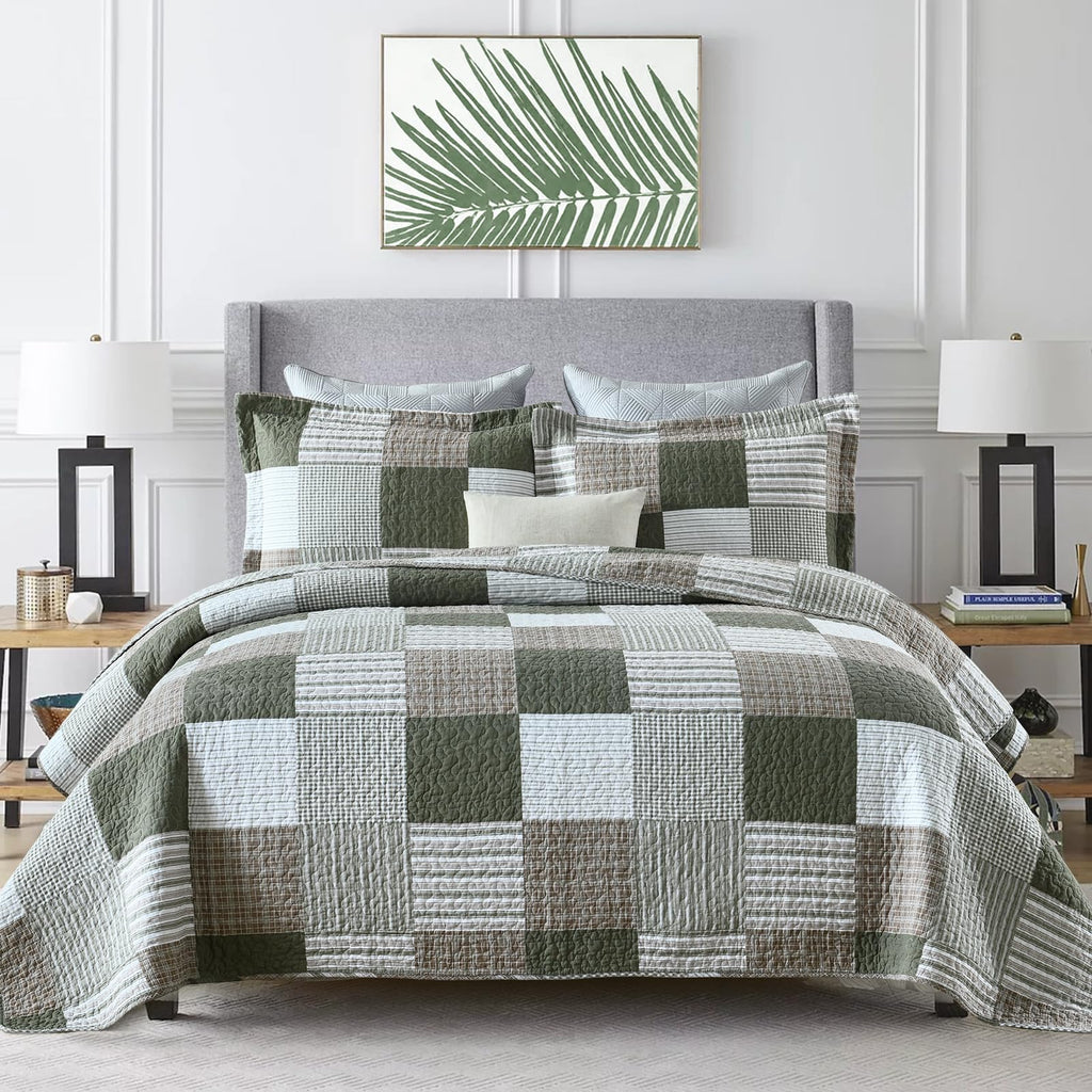 Y-PLWOMEN 100% Cotton Farmhouse Plaid Lightweight 3-Pieces Quilt Set (Blue Brown, Queen90 * 98 Inch)
