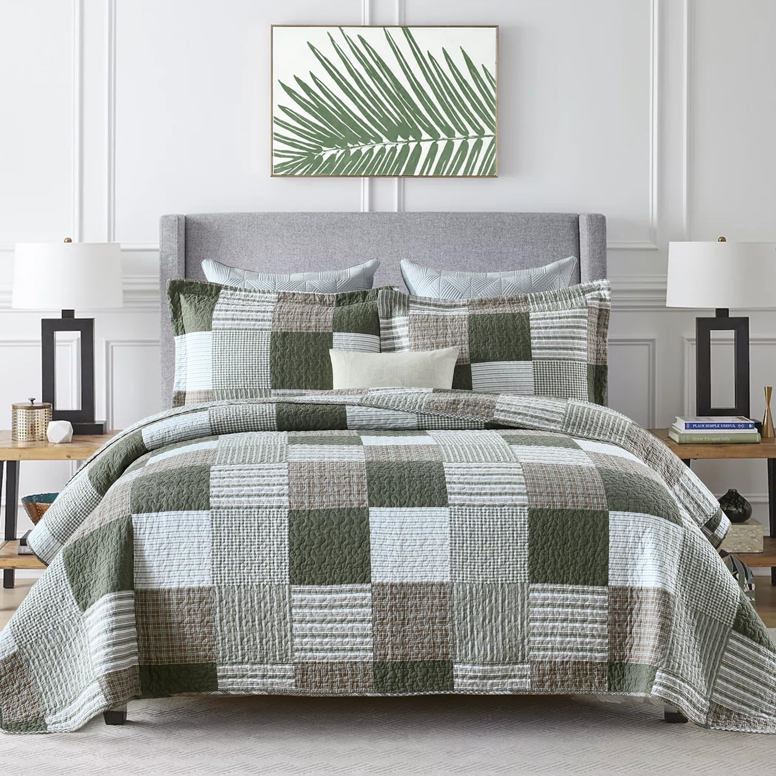 Y-PLWOMEN 100% Cotton Farmhouse Plaid Lightweight 3-Pieces Quilt Set (Blue Brown, Queen90 * 98 Inch)