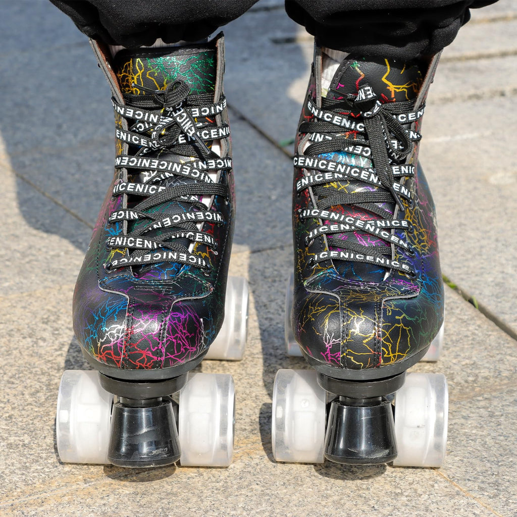 Roller Skates for Men and Women, Black Derby Roller Skates with 4 Shiny Wheel, Classic Double-Row Roller Skates for Indoor and Outdoor
