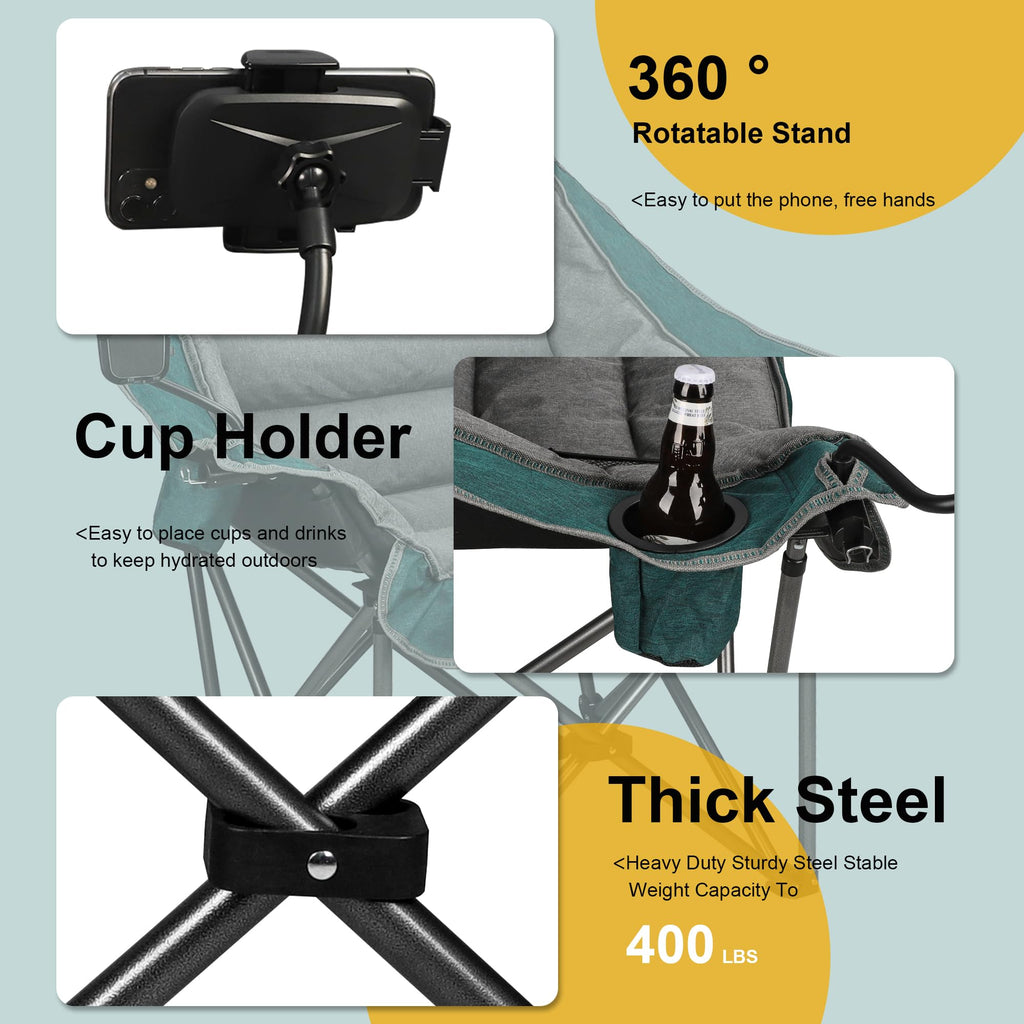 Northroad Oversized XL Padded Camping Chair w/Cell Phone Holder, Large Camp Chair, Foldable Lawn Chair w/Cup Holder,Carry Bag for Outdoor Hiking, Picnics, Heavy-Duty 400-lbs Capacity, Moca