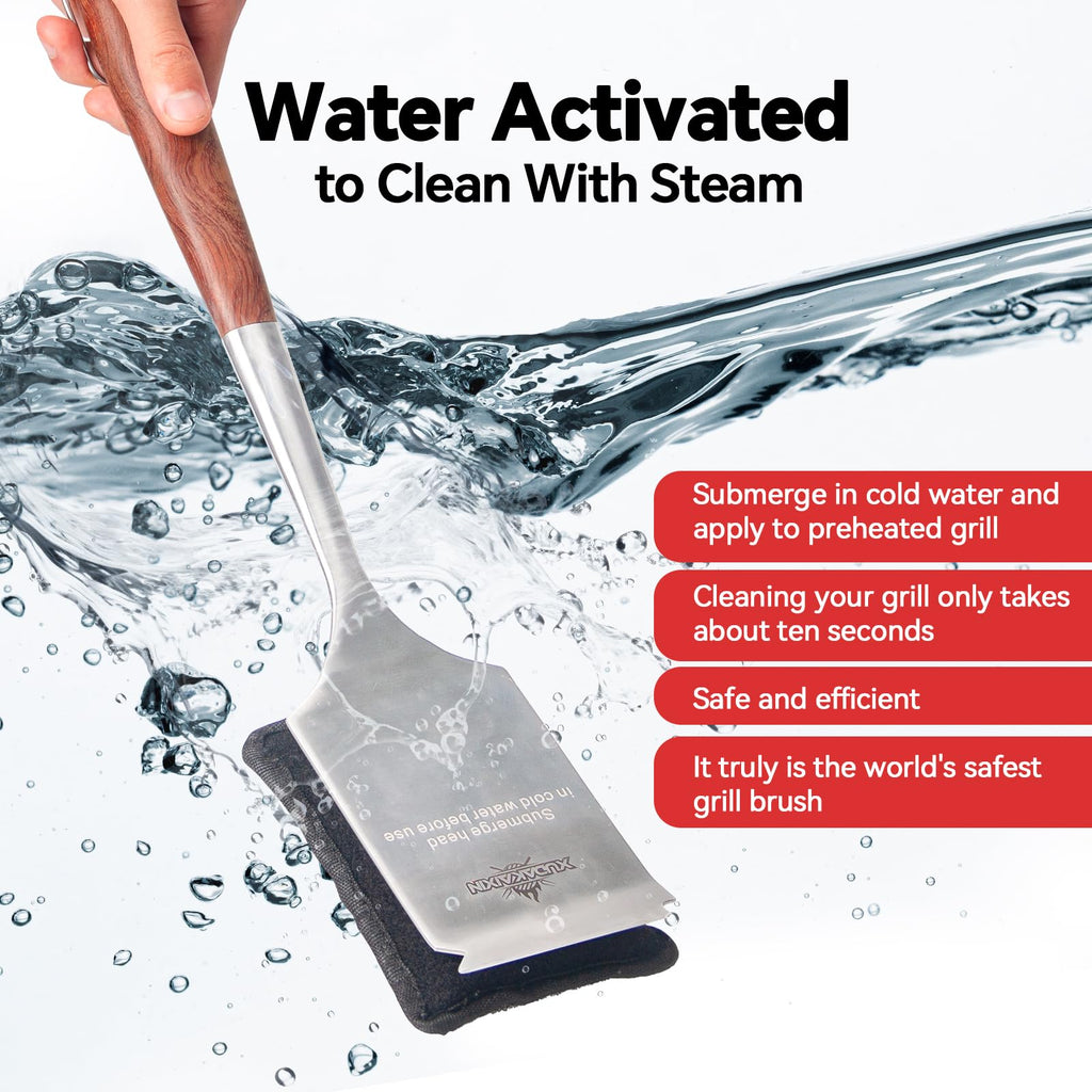 Bristle-Free Steam Cleaning Grill Brush — Features an Extended Luxurious Rosewood Handle and a Unique Wavy pad that Seamlessly fits cast Iron and Stainless Steel grates