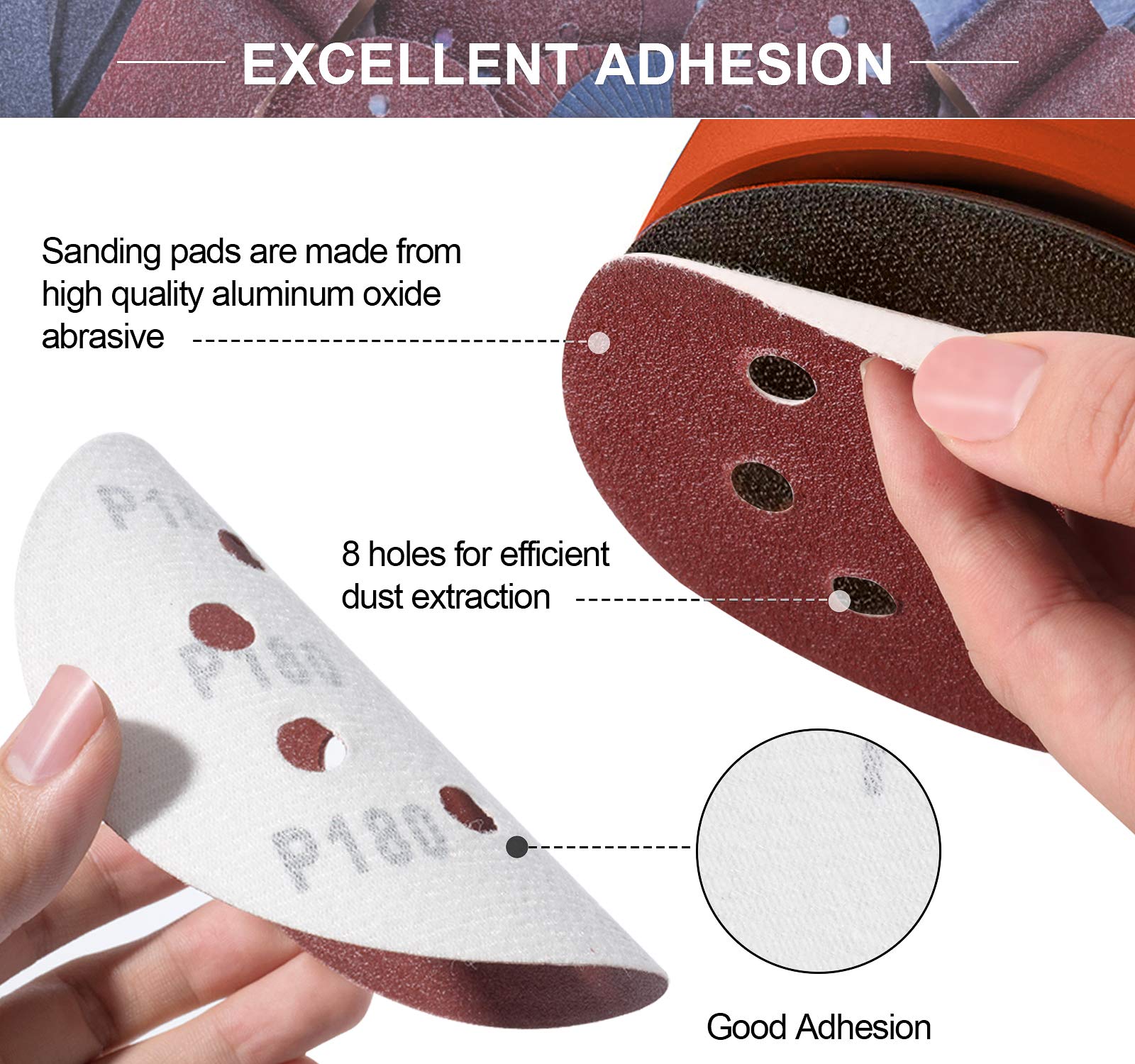 S SATC 72 PCS 5 Inch 8 Hole Hook and Loop Adhesive Sanding Discs Sandpaper for Random Orbital Sander 40 60 80 120 180 240 320 Grits