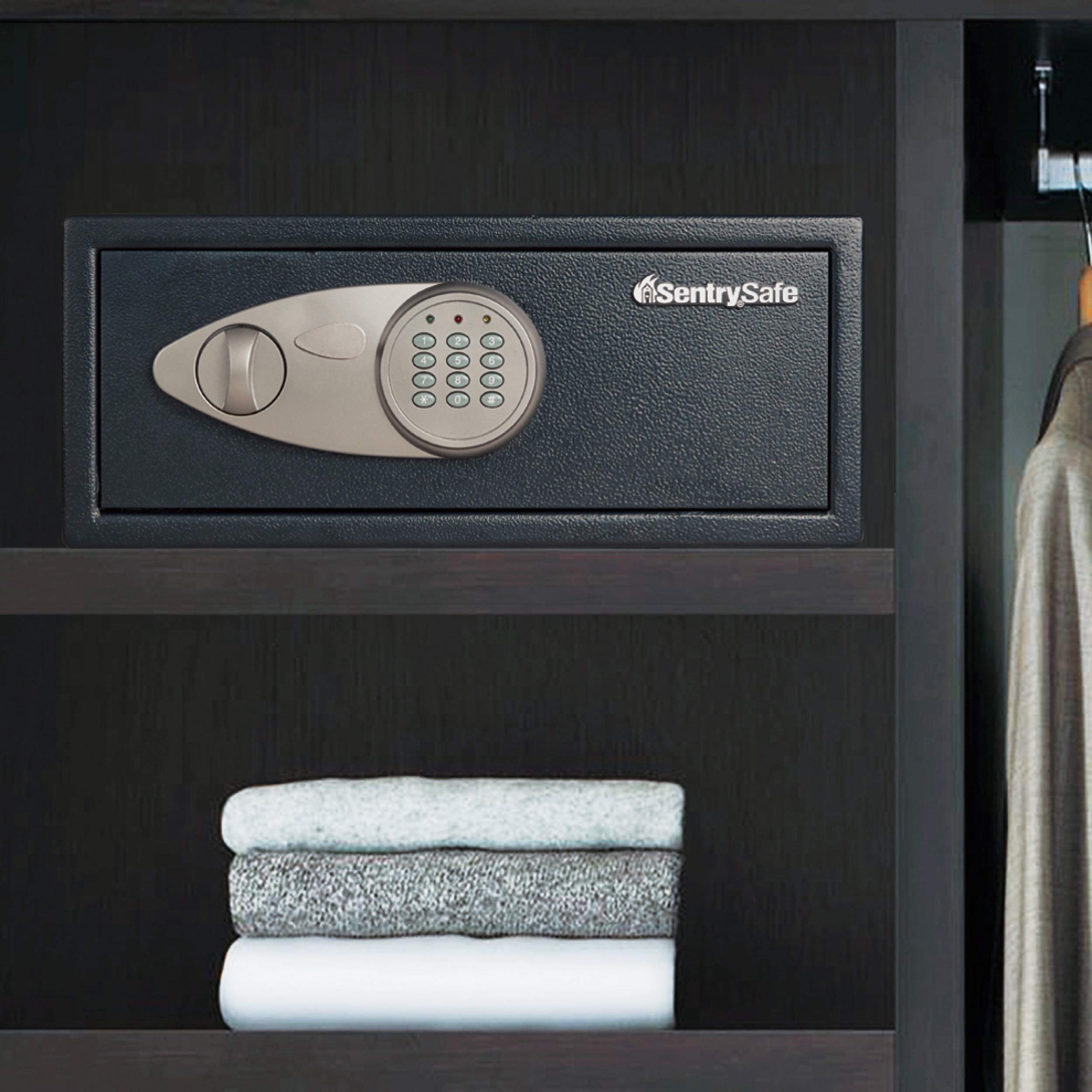 SentrySafe Medium Safe with Digital Keypad, Lock Box with Code has Interior Lining and Bolt Down Kit that Secures Pistol, Money, 0.41 Cubic Feet, 7.6 x 11.4 x 10.4 Inches, X041E