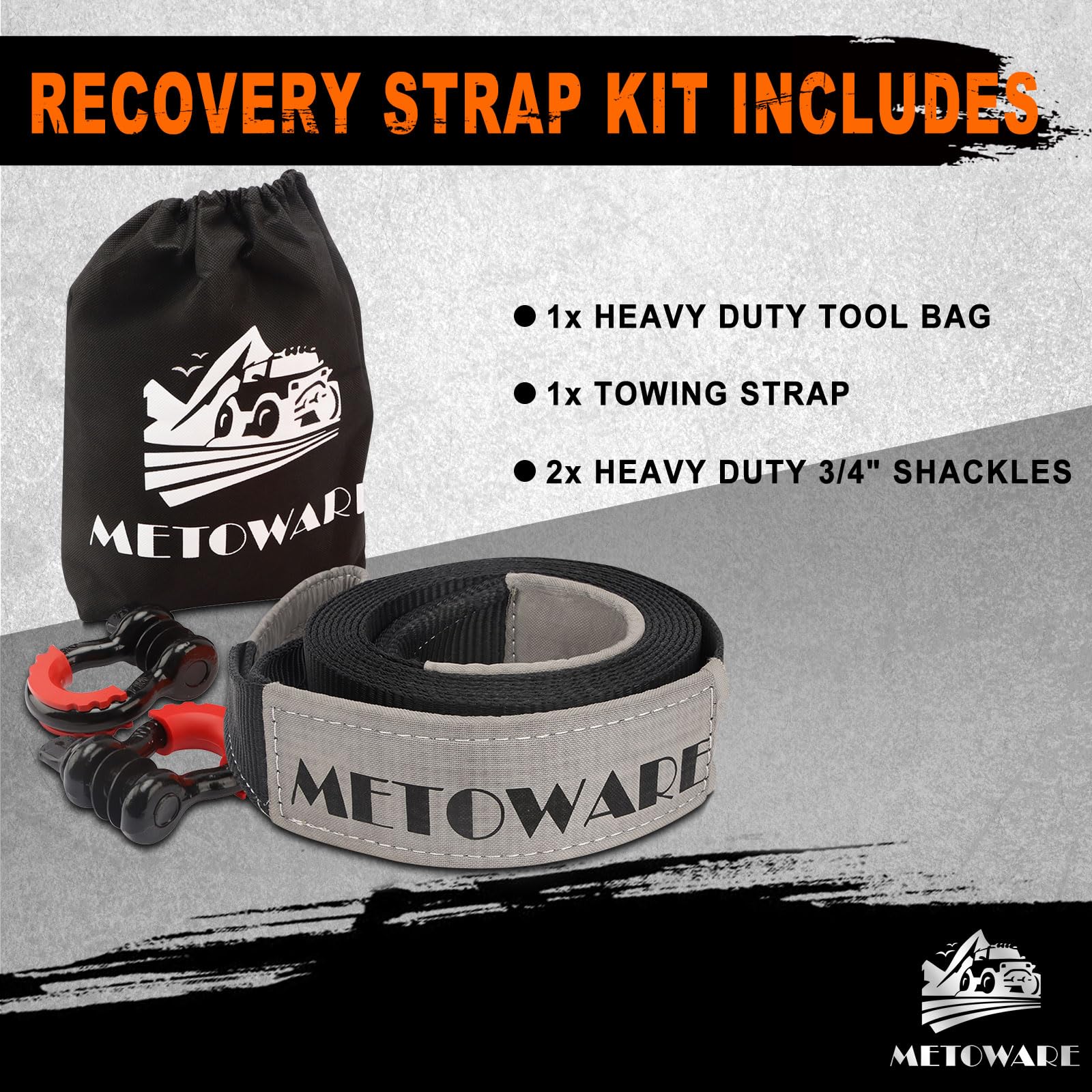 METOWARE Recovery Tow Strap Kit 3" x 20ft, Heavy Duty Recovery Strap 35,000lbs Break Strength with 3/4" D Ring Shackles(2pcs) & Storage Bag, Emergency Off Road Towing Rope for SUV, UTV, ATV, Truck
