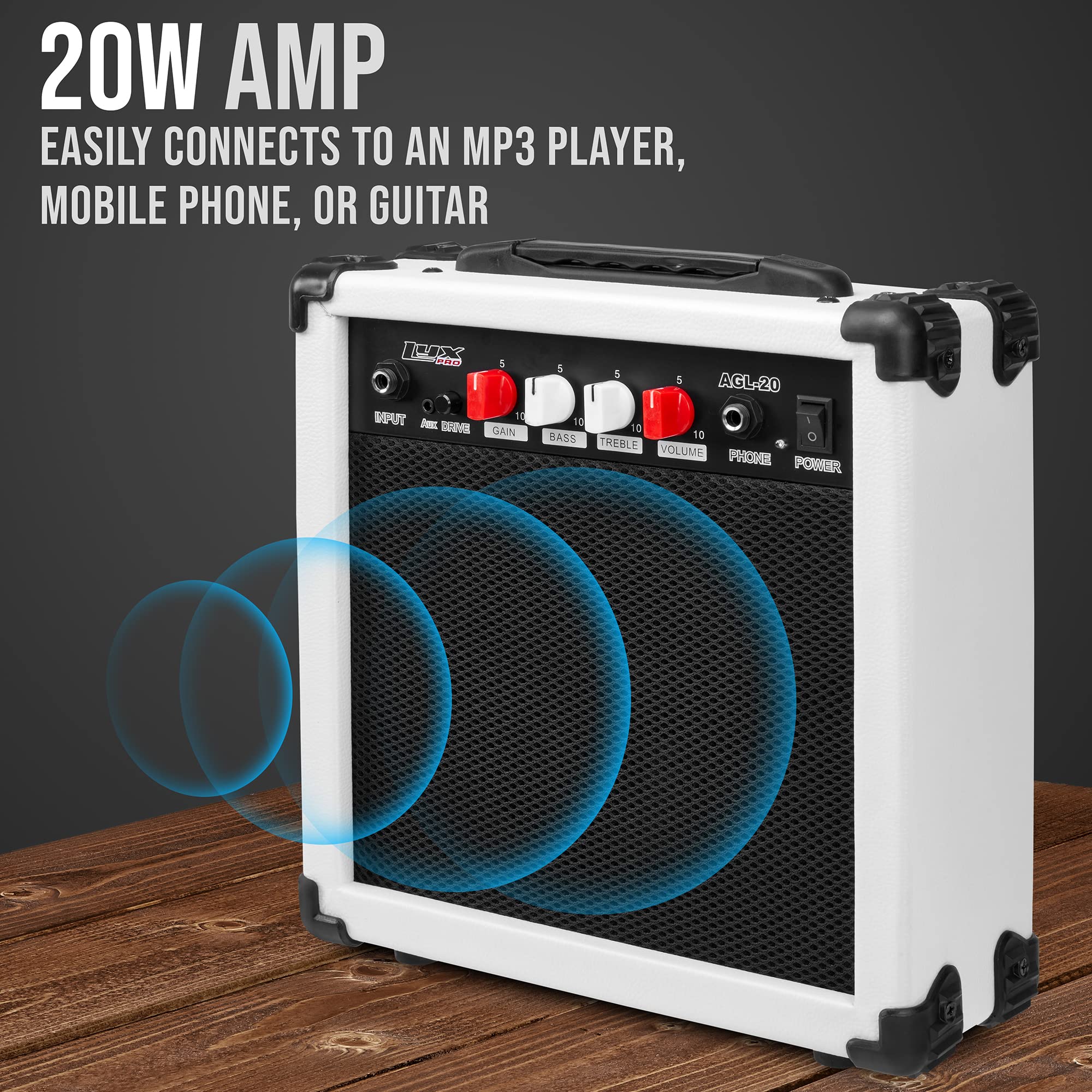 LyxPro Electric Guitar Amp 20 Watt Amplifier Built in Speaker Headphone Jack and Aux Input Includes Gain Bass Treble Volume and Grind - Black