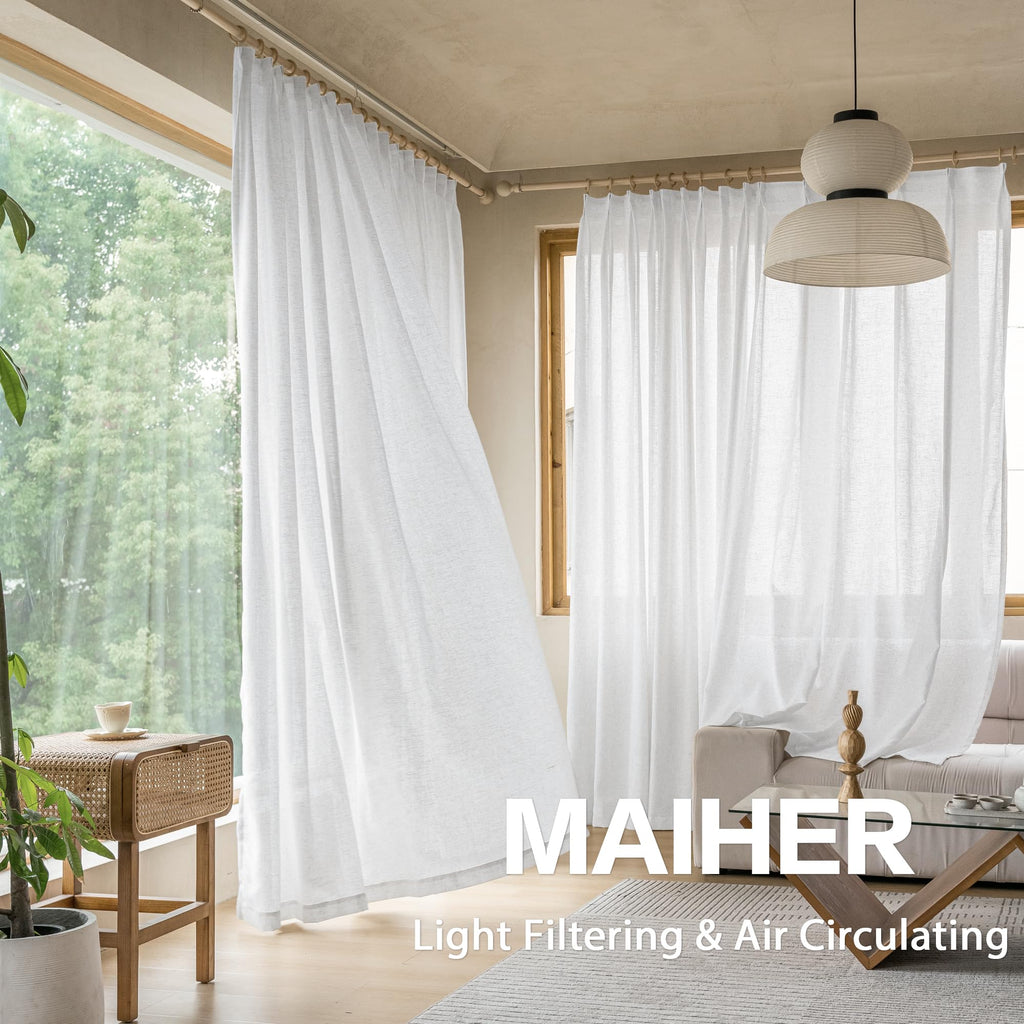 MAIHER Linen Textured Pleated Curtains 63 Inches Long for Living Room, Light Filtering Pinch Pleat Semi Sheer Drapes Curtains with Tieback and Hooks, Natural Linen (1 Panel, 54" W x 63" L)