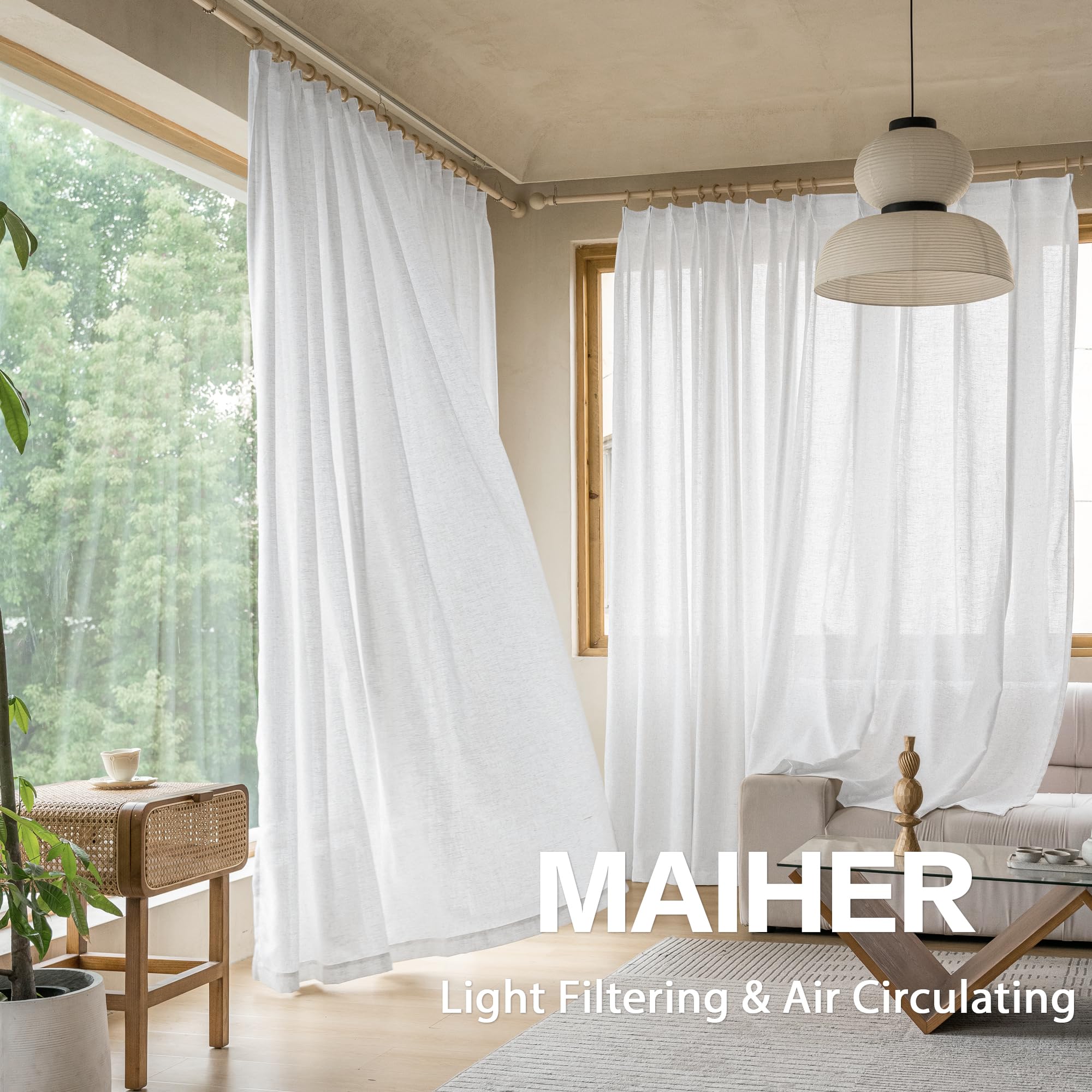 MAIHER Linen Textured Pleated Curtains 63 Inches Long for Living Room, Light Filtering Pinch Pleat Semi Sheer Drapes Curtains with Tieback and Hooks, Natural Linen (1 Panel, 54" W x 63" L)