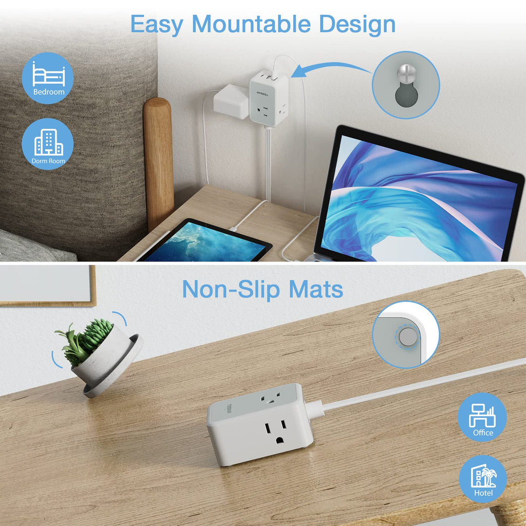 TESSAN Small Flat Plug Power Strip, Ultra Thin Extension Cord 5 ft, 3 AC Outlets with 3 USB Ports (1 USB C), Multiple Wall Outlet Extender for Cruise Travel Office School Dorm Room Essentials, Black
