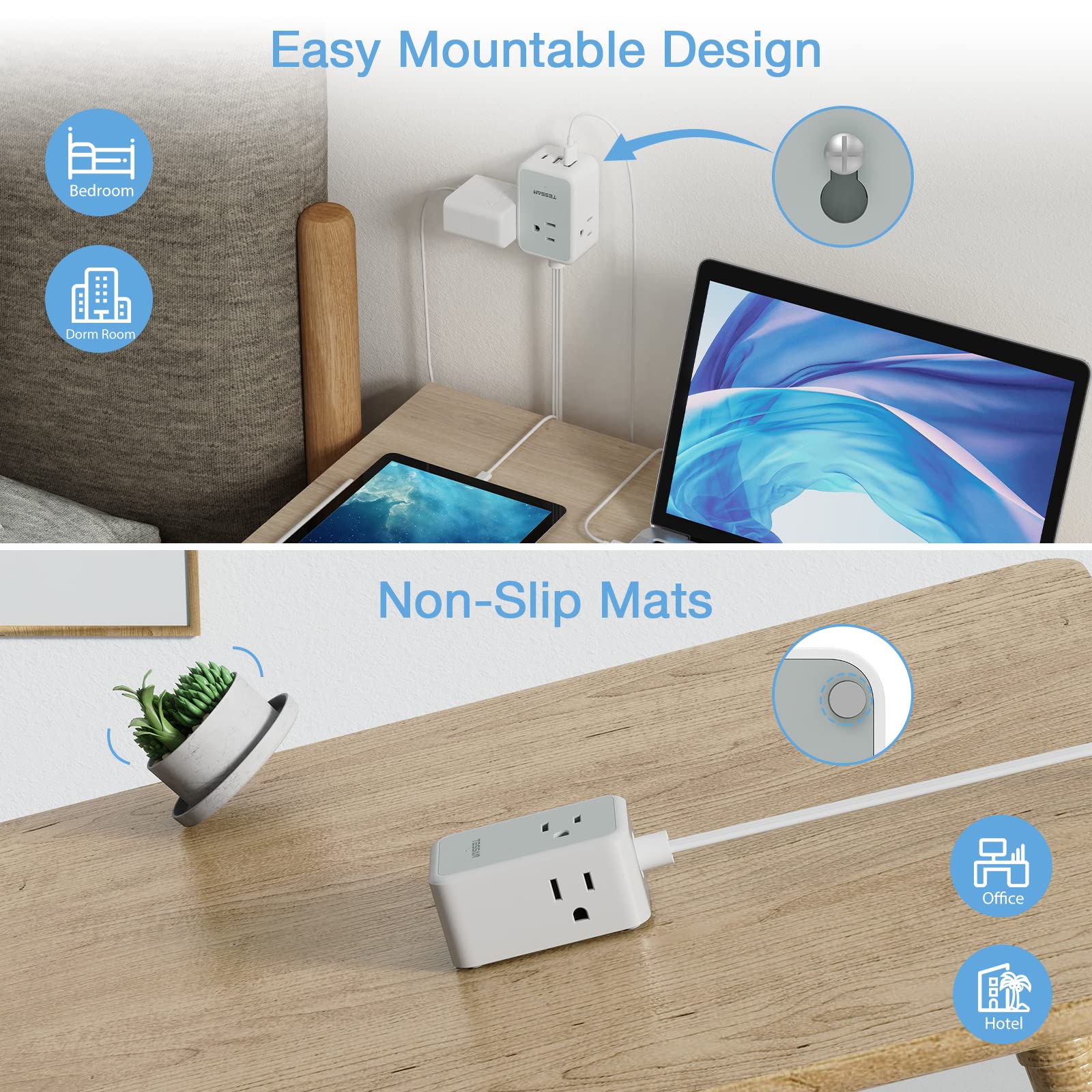 TESSAN Small Flat Plug Power Strip, Ultra Thin Extension Cord 5 ft, 3 AC Outlets with 3 USB Ports (1 USB C), Multiple Wall Outlet Extender for Cruise Travel Office School Dorm Room Essentials, Black