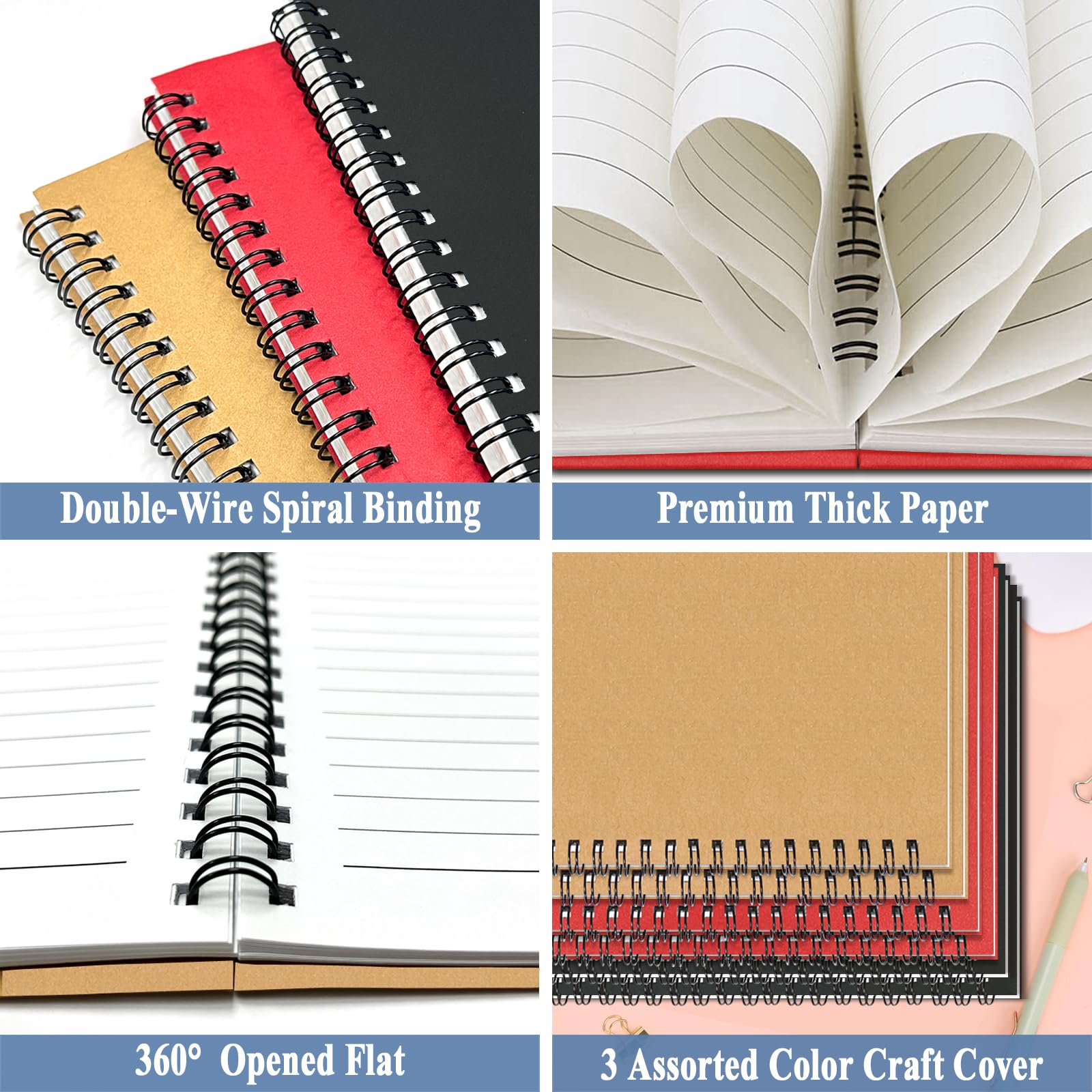 4Pack Small Spiral Notebook A5, 8.25x5.5” 120 Lined Pages Black & Red Wide Ruled Spiral Journal Bulk Blank Kraft Cover Spiral Bound Notebook & Writing Pads for Home Office Meeting Work Note Taking