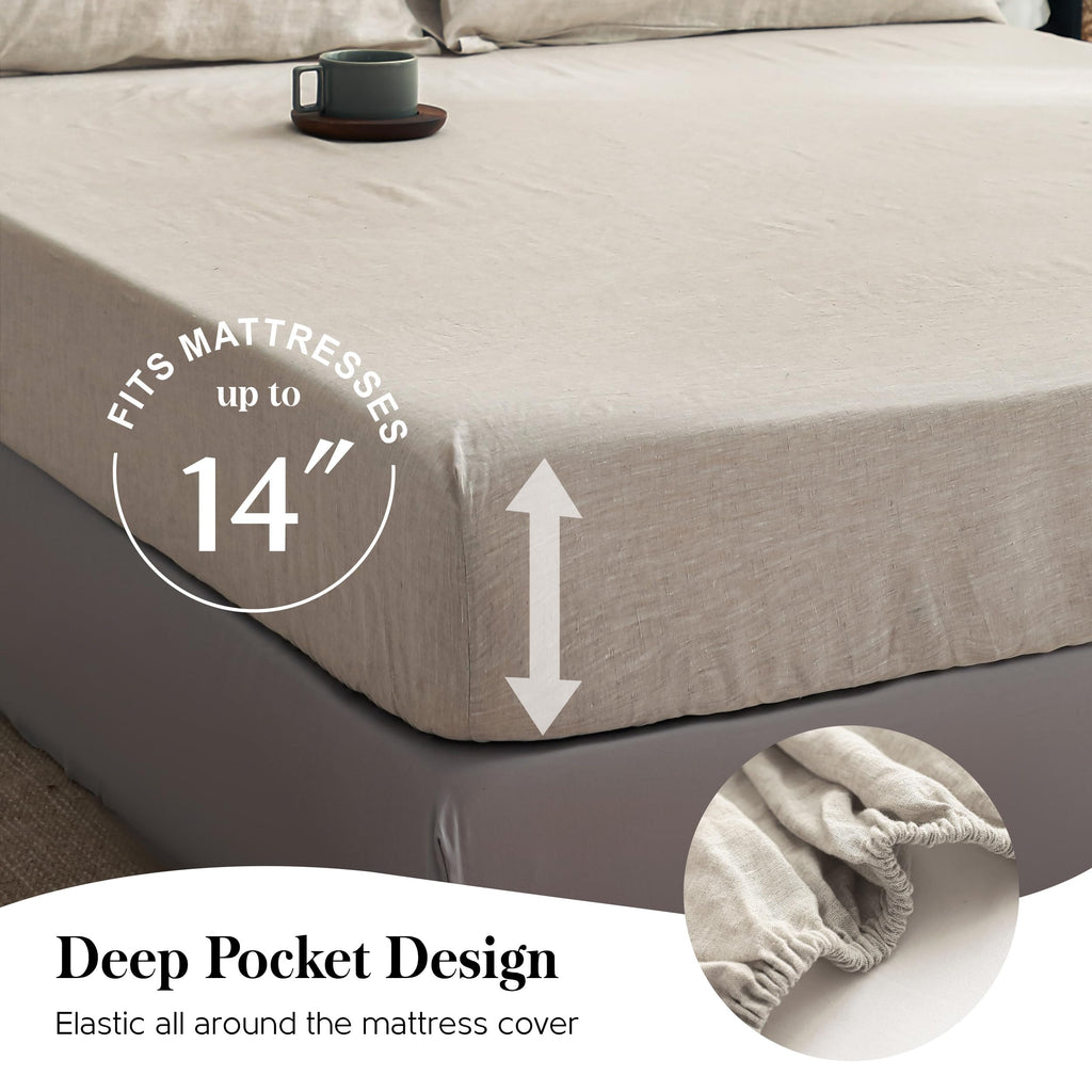 Simple&Opulence 100% Pure Linen Sheet Set Twin Size, Natural French Flax Solid Color 3 Pcs Washed Breathable, Farmhouse Bedding (1 Flat Sheet,1 Fitted Sheet,1 Pillowcase)-Embroidery Dark Grey