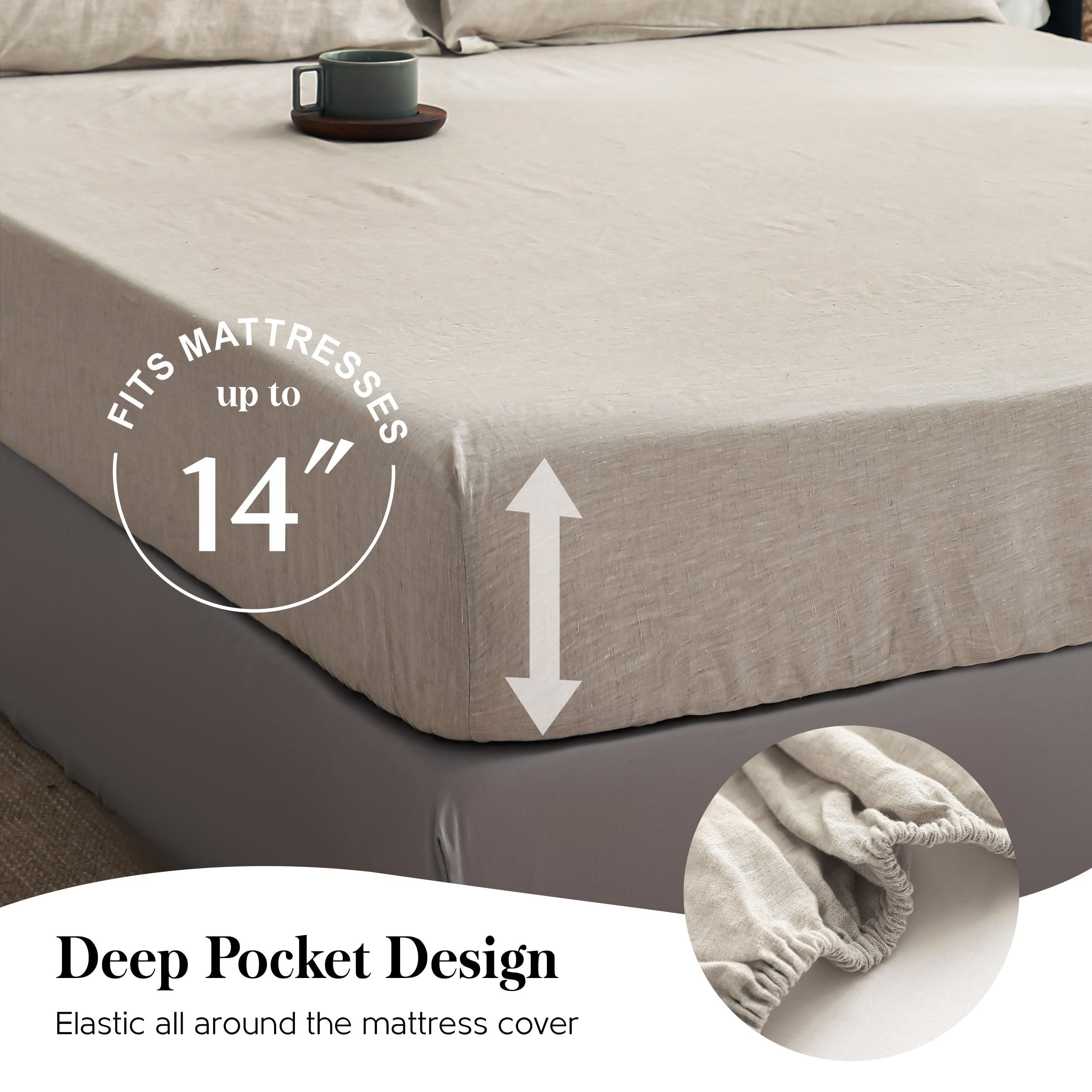 Simple&Opulence 100% Pure Linen Sheet Set Twin Size, Natural French Flax Solid Color 3 Pcs Washed Breathable, Farmhouse Bedding (1 Flat Sheet,1 Fitted Sheet,1 Pillowcase)-Embroidery Dark Grey