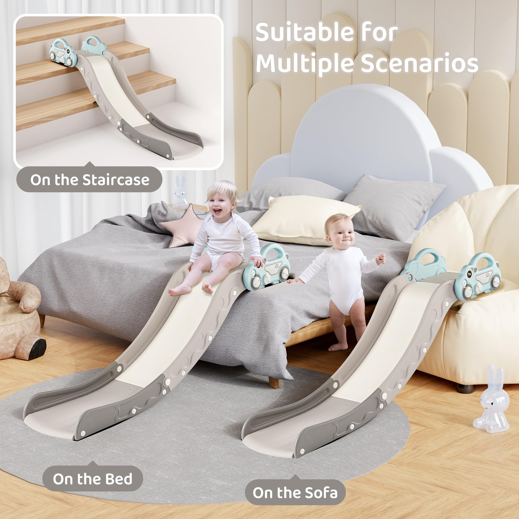 Indoor Kids Baby Couch Slide for Toddler 1-3, Sofa Slide Add-on Attachment for Bed Nugget Playgrounds, with Secure Base Guardrail, Gentle Slope Extended Buffer Zone, Fun Car Design, Blue
