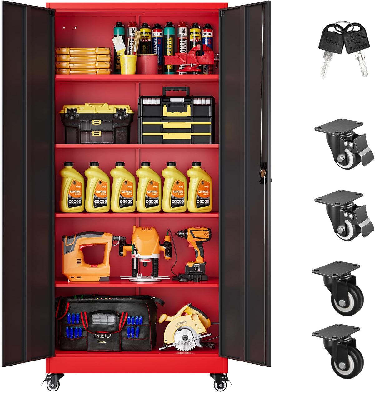 SISESOL Wide & Deep Metal Storage Cabinet with Wheels,Tall Rolling Garage Storage Cabinet with Lock,Black Metal Cabinets with Pegboards and Shelves,Tool Locker for Garage,Home,Office,43''Wx 20''Dx71"H