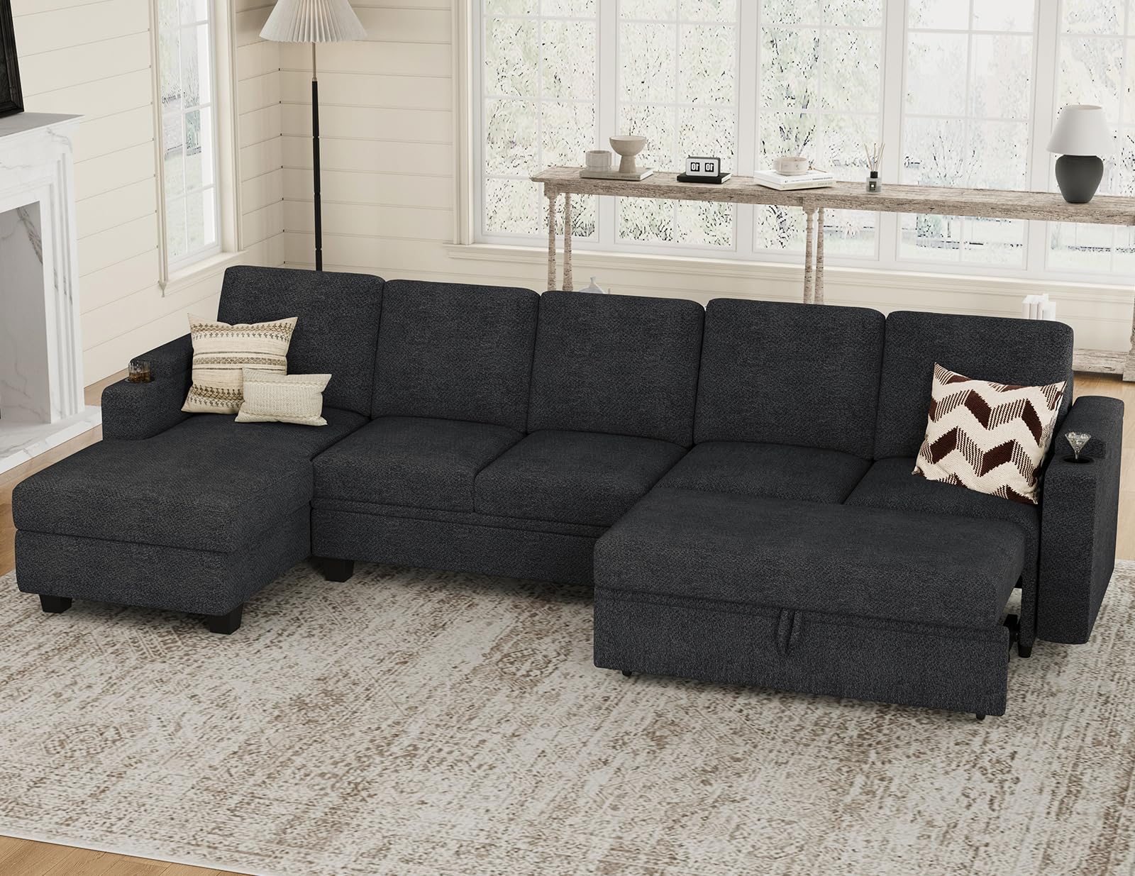 Belffin Modular Sectional Sleeper Sofa Bed with Storage Chaise L Shaped Sectional Couches for Living Room Armrest with Cup Holder. White Couch