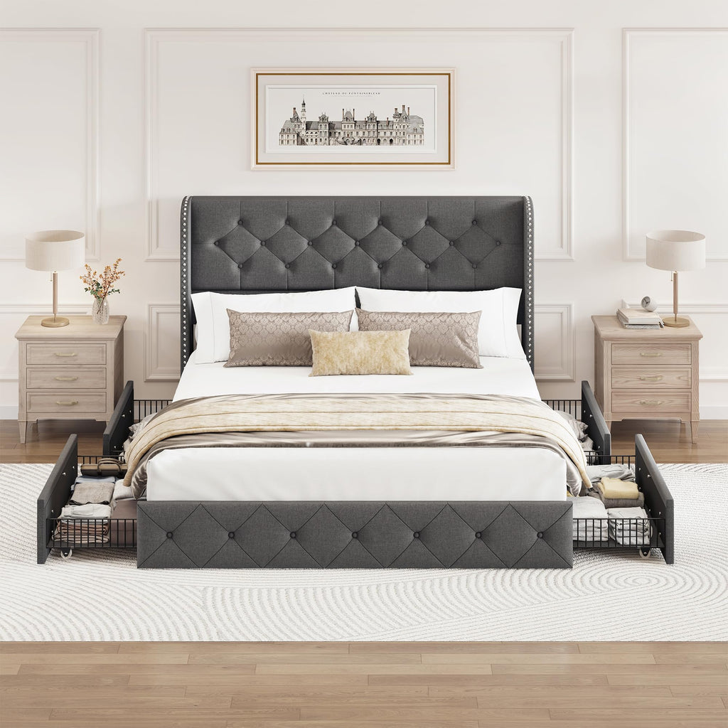 BRELTAM Full Size Bed Frame with Storage Drawers and Wingback Headboard Linen Upholstered Platform Bed Frame Tufted Beds with Heavy Duty Wood Slats, Noise Free, Easy Assembly, Beige
