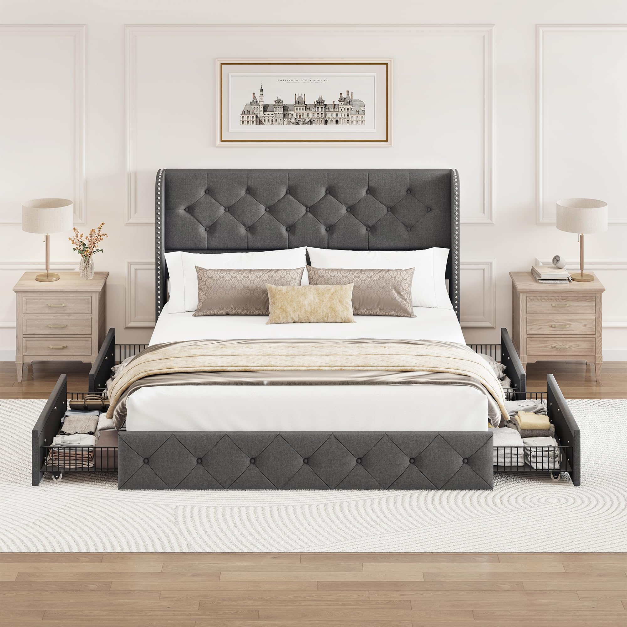 BRELTAM Full Size Bed Frame with Storage Drawers and Wingback Headboard Linen Upholstered Platform Bed Frame Tufted Beds with Heavy Duty Wood Slats, Noise Free, Easy Assembly, Beige