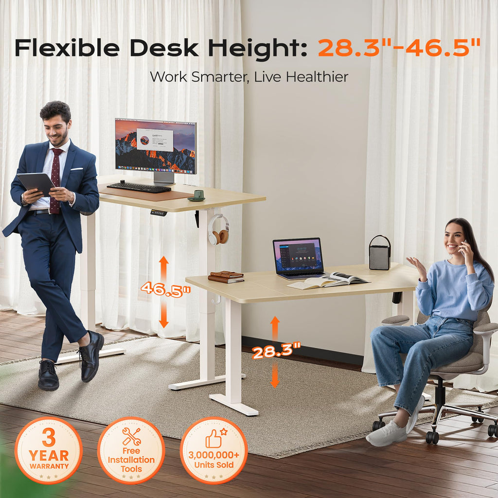 Huuger 48 x 28 Large Electric Standing Desk, Height Adjustable Desk, 27.6" Deep Desktop, Stand up Gaming, 2 Hooks, 3 Preset Heights, for Home Office, Black