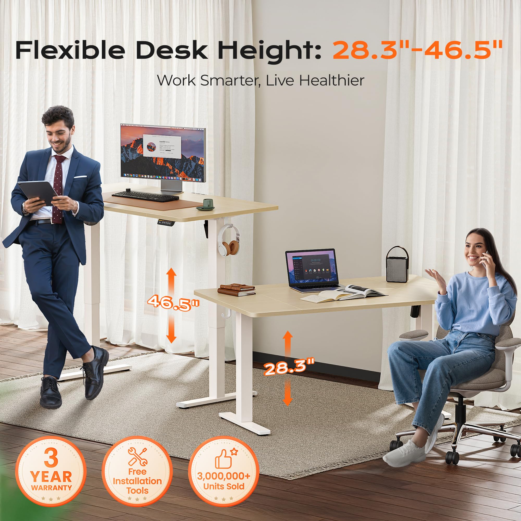 Huuger 48 x 28 Large Electric Standing Desk, Height Adjustable Desk, 27.6" Deep Desktop, Stand up Gaming, 2 Hooks, 3 Preset Heights, for Home Office, Black