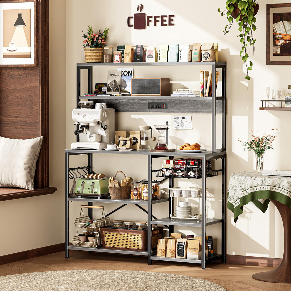SUPERJARE Bakers Rack with Power Outlet, 35.4 Inches Coffee Bar with Wire Basket, Kitchen Microwave Stand with 6 S-Shaped Hooks, Open Storage Shelves, Black