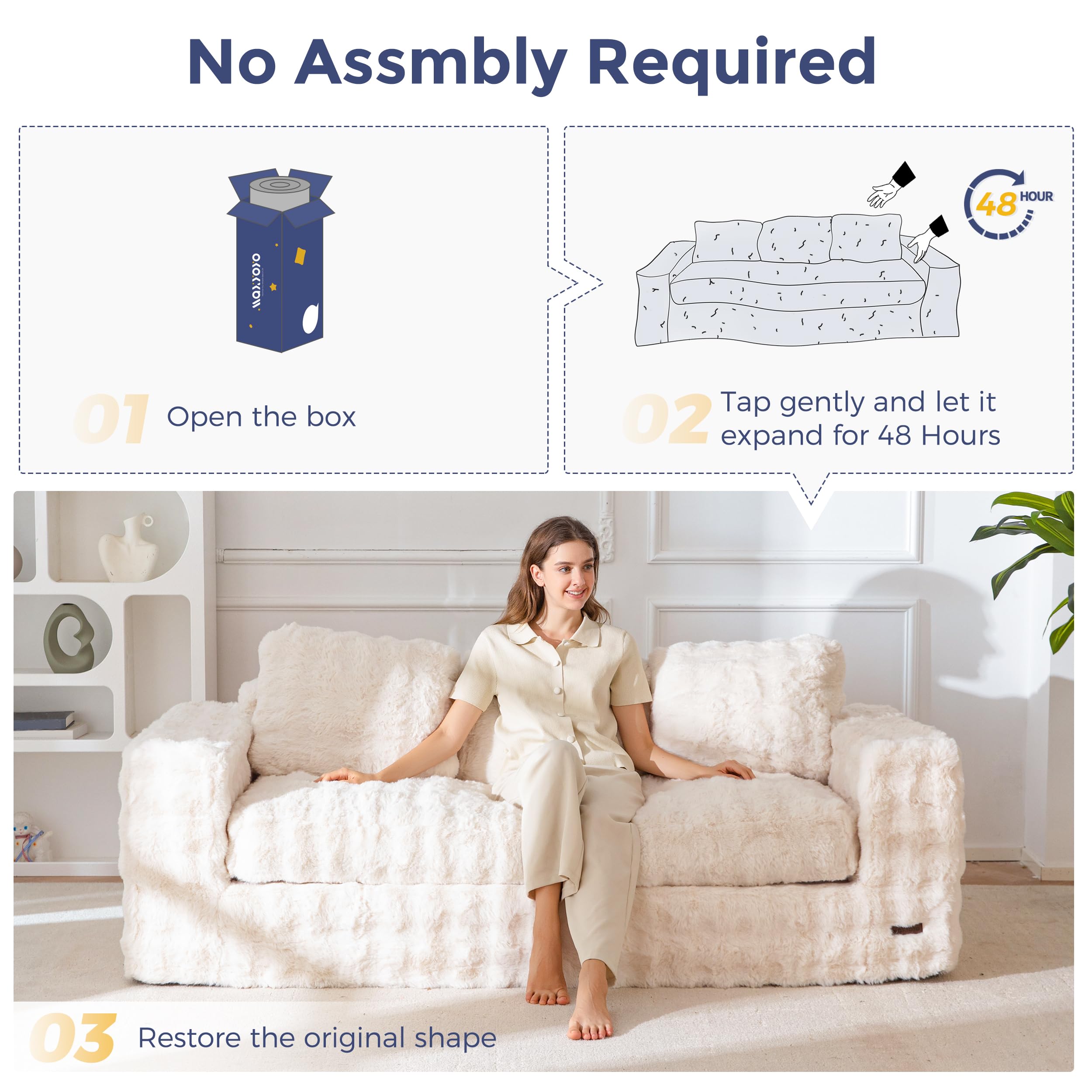 MAXYOYO 3 Seater Sofa Couch for Living Room, Tufted Boneless Couch Sofa Couch, Comfy Bubbled Bean Bag Chair for Apartment, No Assembly Needed, Beige