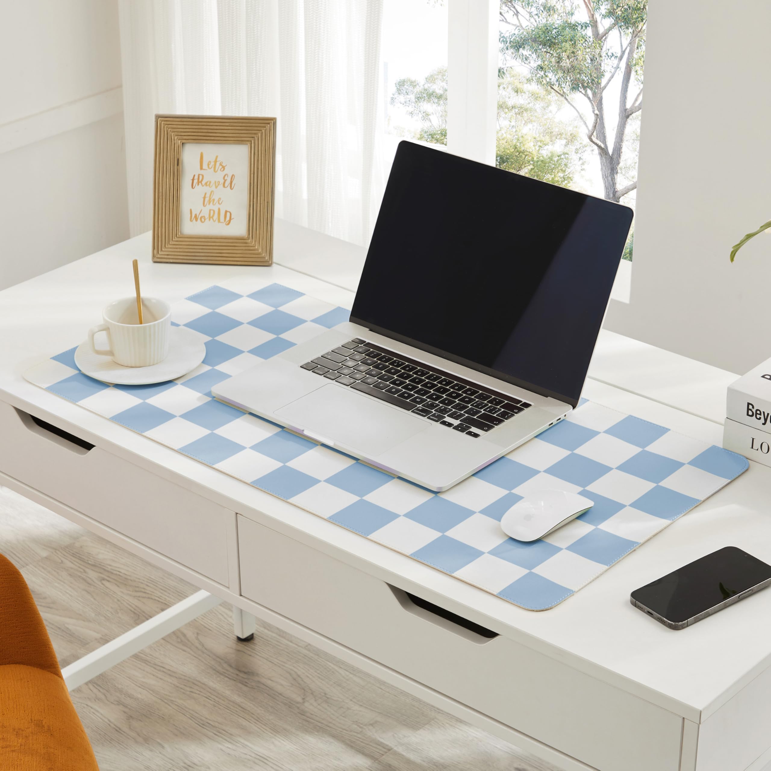 Ohocut Checkered Desk Mat, Large Cute Aesthetic Retro PU Leather Computer Laptop Desk Mat, Non-Slip Waterproof Mouse Keyboard Pad, Desk Writing Mat for Work/Home (Beige, 23.6" x 13.7")