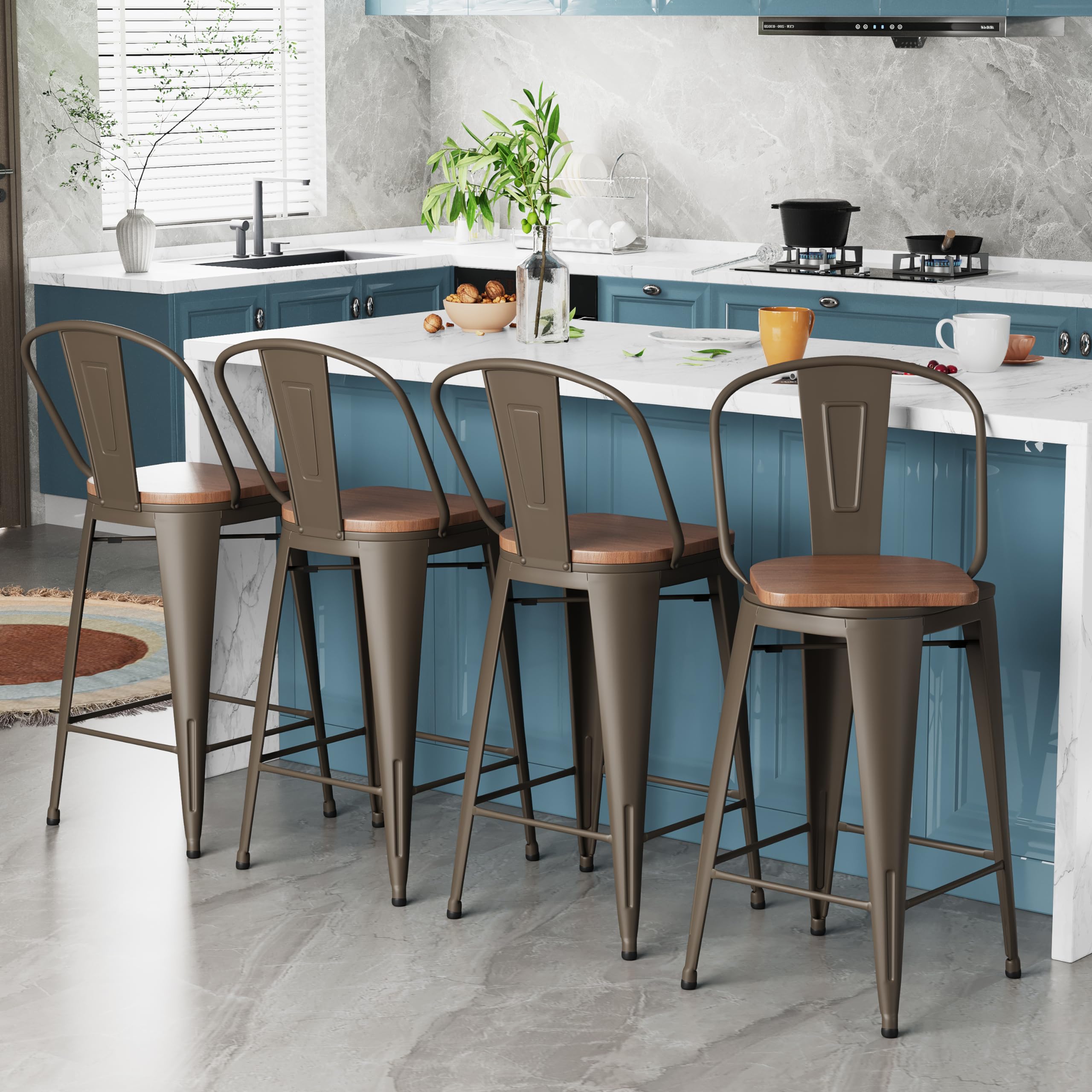 Alunaune 24" Swivel Metal Bar Stools Set of 4 High Back Counter Height Barstools Industrial Dining Bar Chairs with Large Wooden Seat-Matte Black