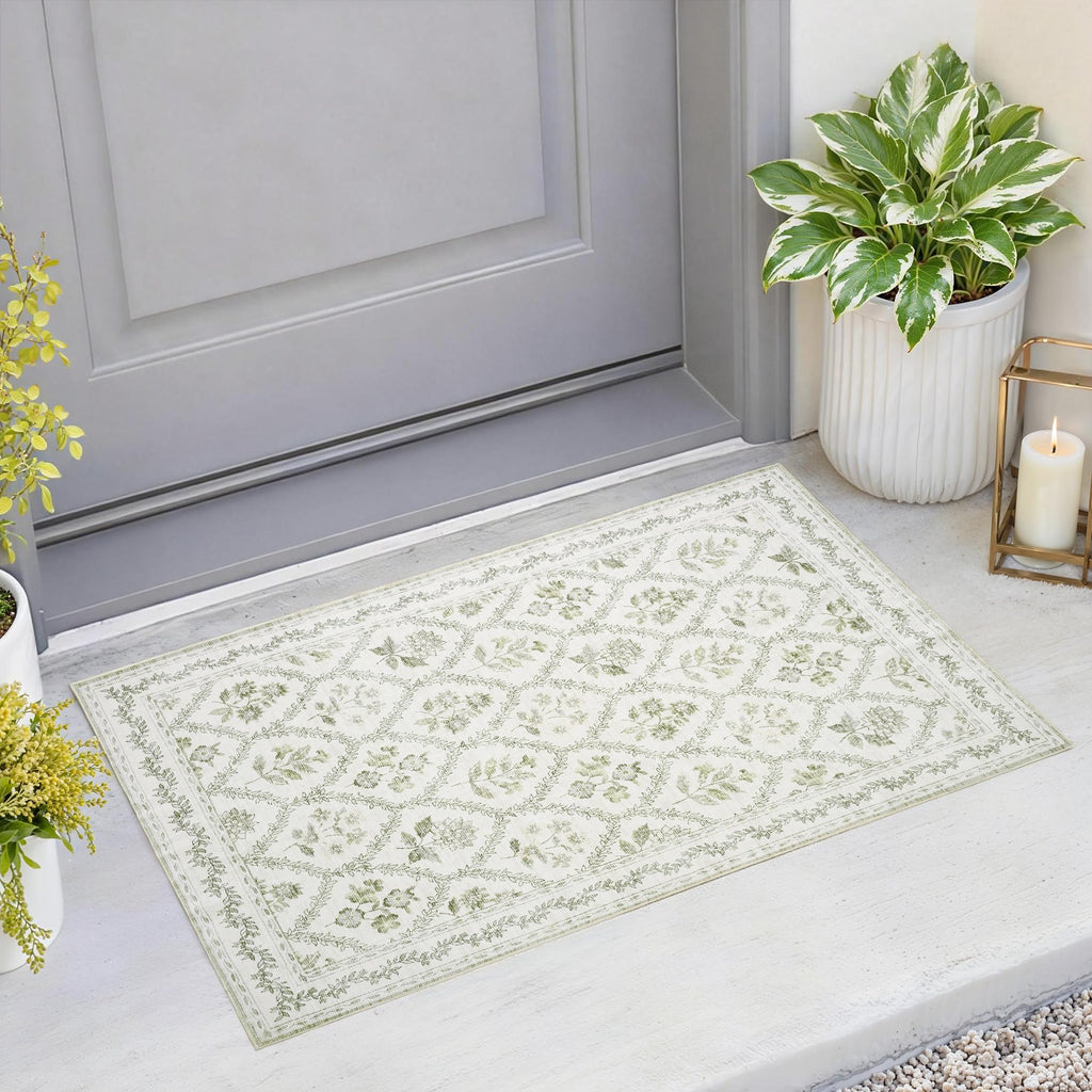 Black Floral Area Rug for Entryway 2x3 Washable Small Rug Low Pile Non Slip Distressed Entry Mat Soft Farmhouse Indoor Entrance Door Mat for Kitchen Bedroom Home Office Black Grey and White