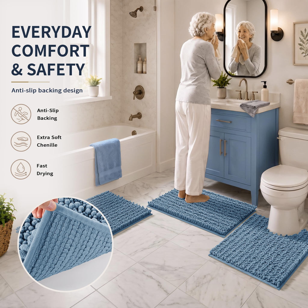 Yimobra Black Bathroom Rug Set 3 Piece - Super Absorbent Quick Dry Chenille Bath Mats & Toilet Rug, Non Slip Machine Washable, Extra Thick Shaggy Floor Mat for Shower Tub Sink
