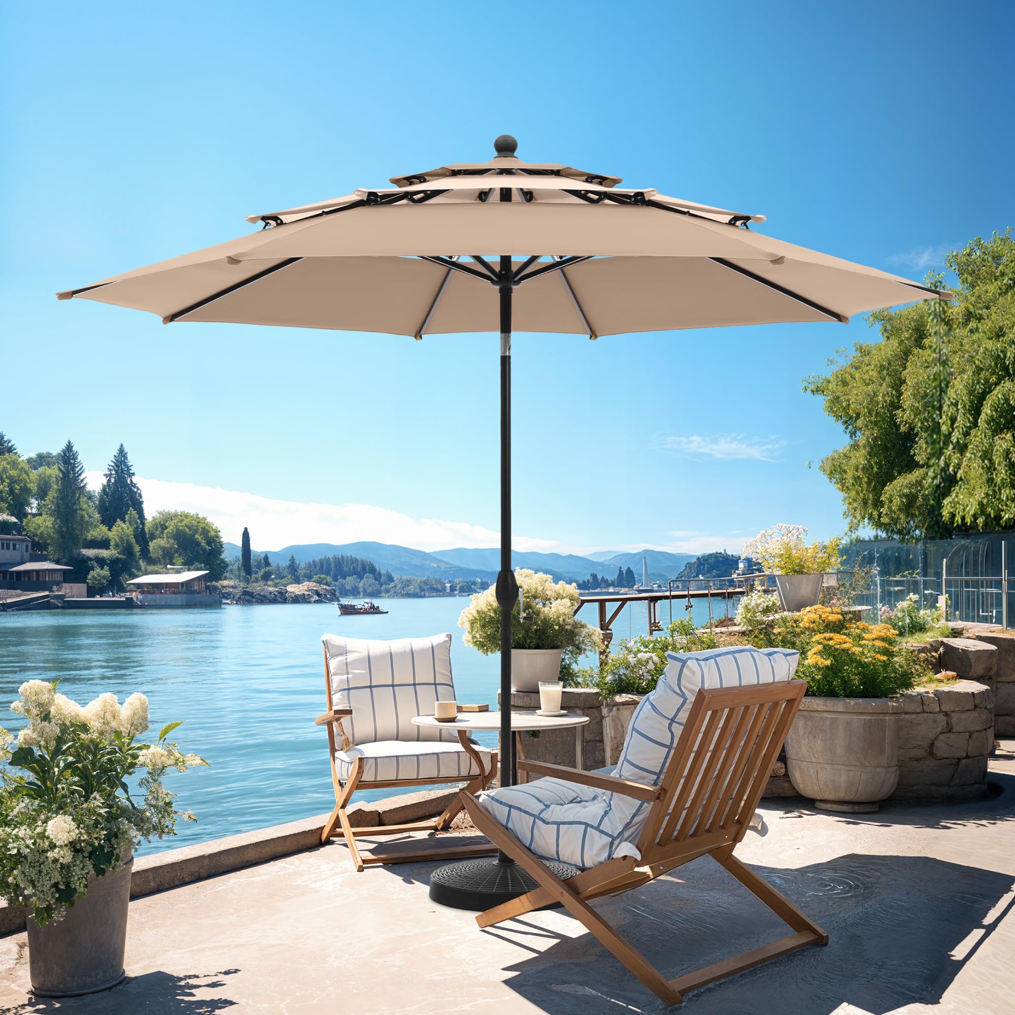 PHI VILLA 10ft Patio Umbrellas, Outdoor 3 Tier Vented Large Market Table Umbrella with 8 Sturdy Ribs and 1.5" Umbrellla Pole for Lawn Poolside Garden Terrace, Beige(No Base)