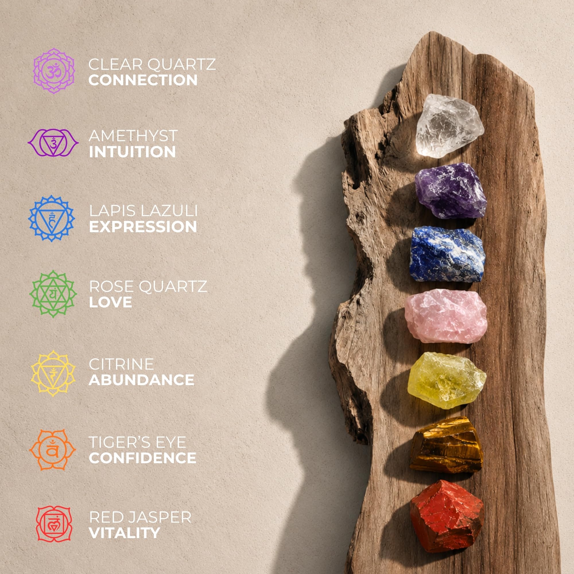 Anima Premium 7 Chakra Healing Crystals Set for Energy Alignment - Large Raw Amethyst, Rose Quartz, Citrine, Lapis Lazuli, Clear Quartz, Tigers Eye & Red Jasper - Wooden Gift Box & Guidebook Included