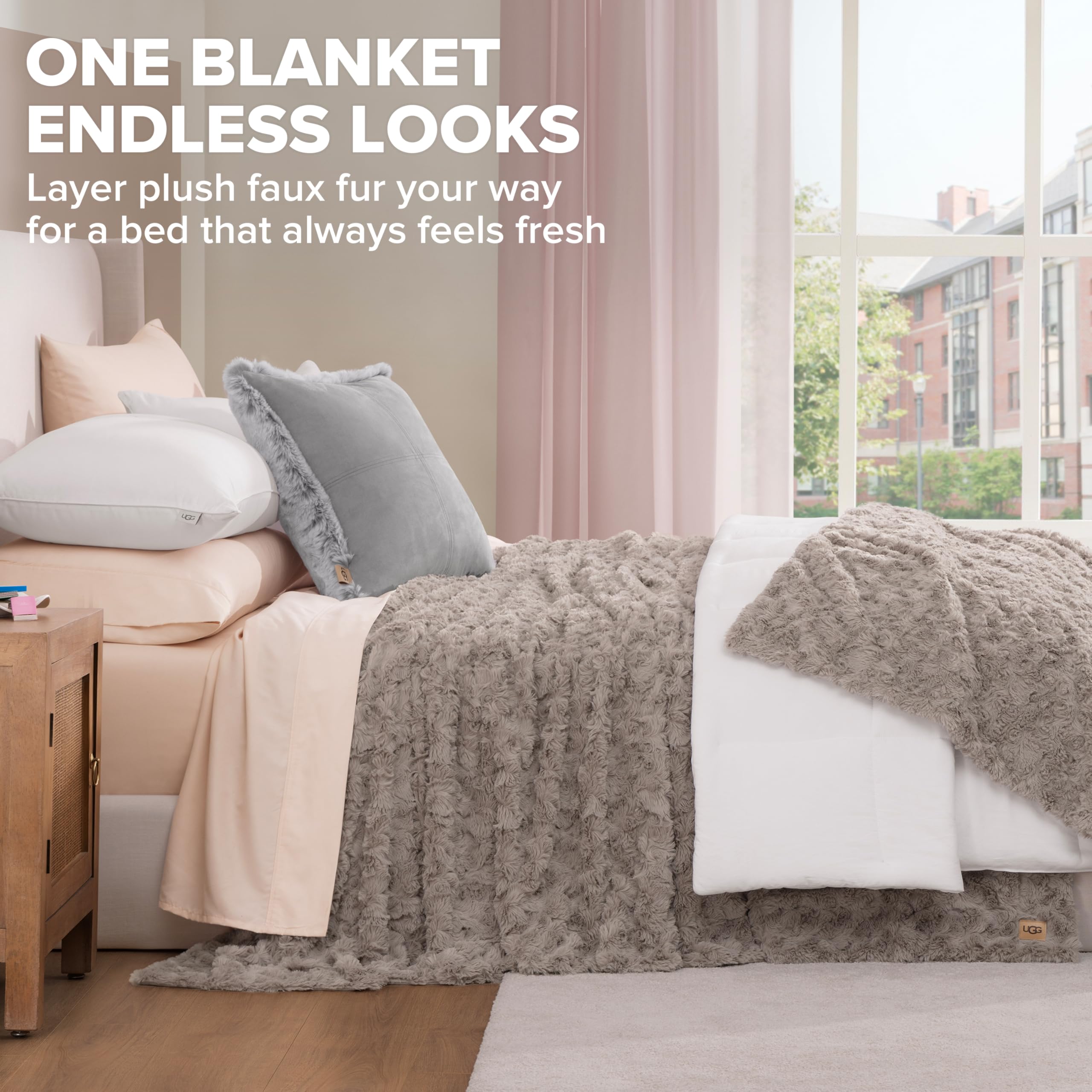 UGG Adalee Faux Fur Twin Size Blanket, Warm Cozy Blanket, Extra Large Throw for Sofa, Washable Bedding for Twin XL Size Bed, Cute Room Decor, 66" x 90", Oyster Brown