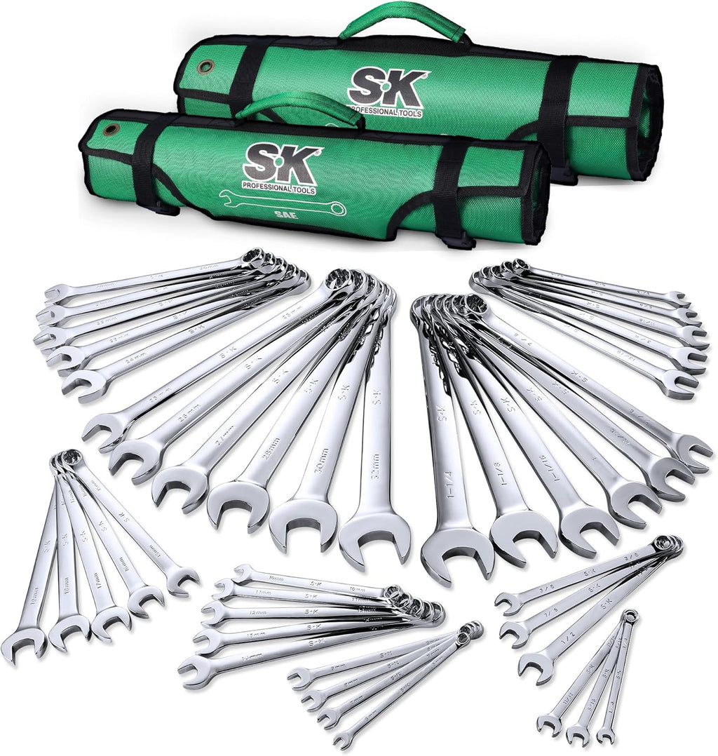 SK Combination Wrench Set, SAE 1/4" to 1-1/4", Metric 6 to 32mm, 42-Piece, SuperKrome Finish, Premium CR-V Construction, with Rolling Pouch